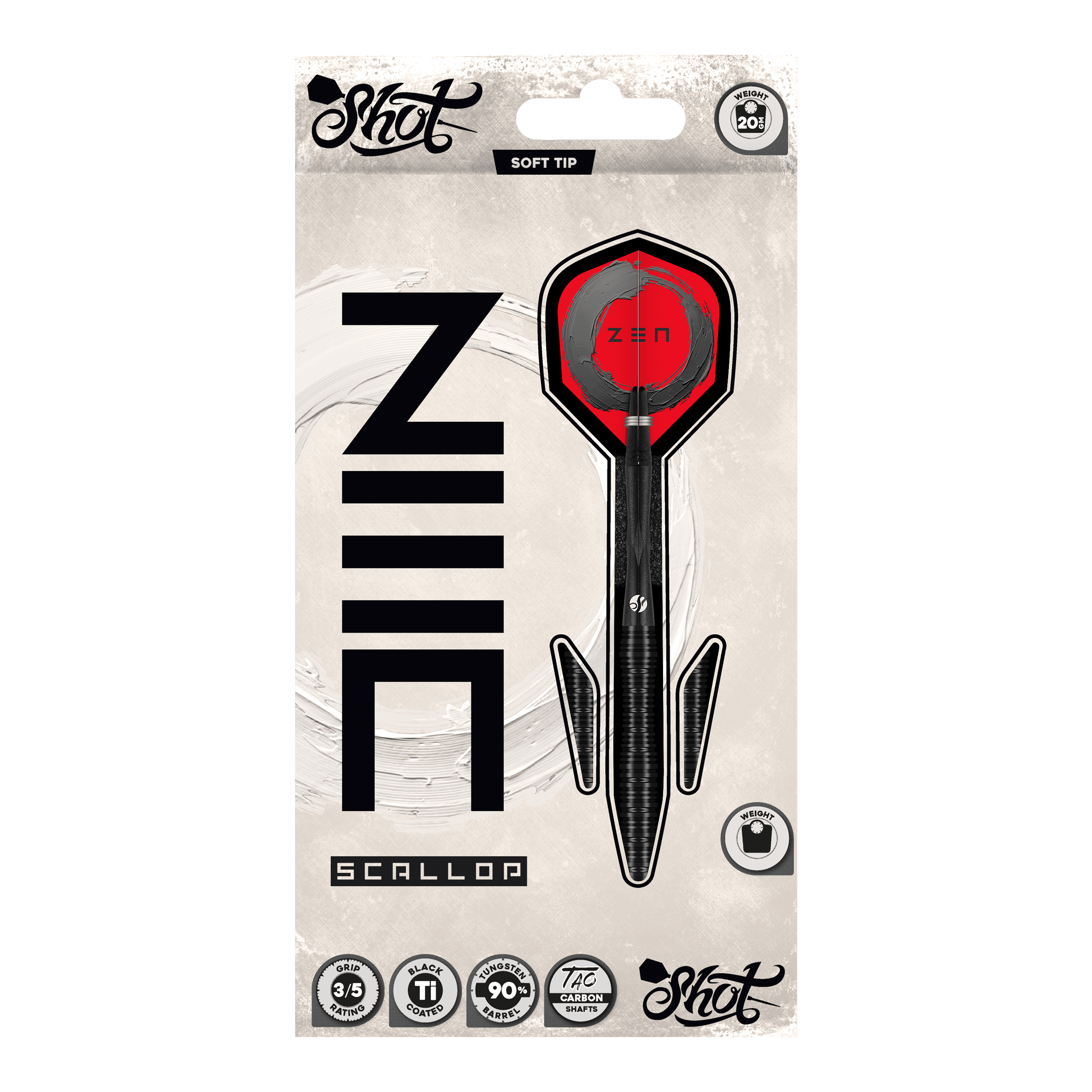 Shot ZEN Scallop Soft Darts - 20g Das Bild zeigt die Shot ZEN Scallop Softdarts mit einem Gewicht von 20 Gramm. Die Darts sind für Softdart geeignet und haben ein modernes Design.