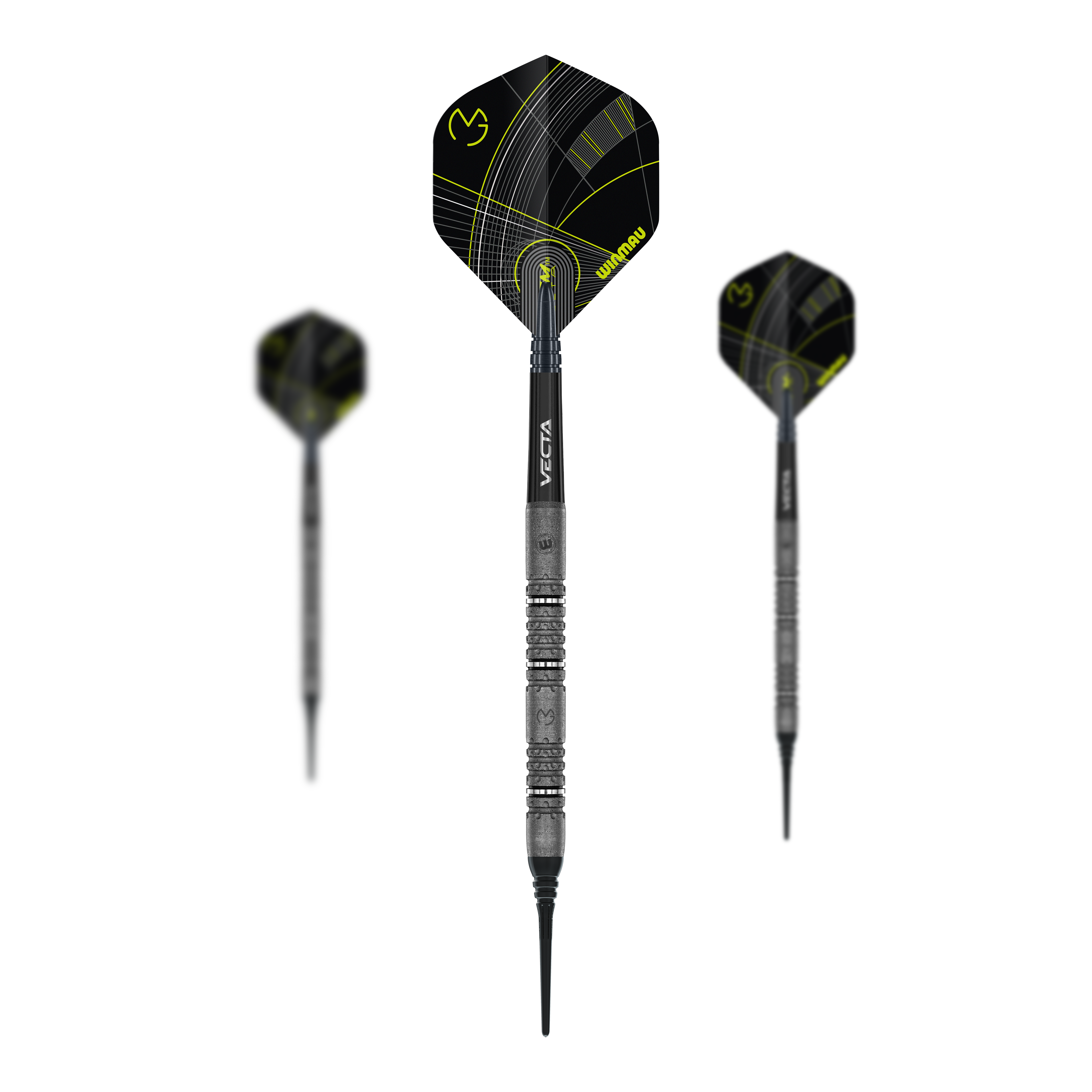 Das Bild zeigt die Winmau Michael Van Gerwen Signature Edition Softdarts mit einem Gewicht von 20g. Die Darts sind im Set abgebildet.