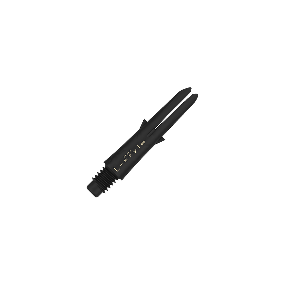 L style carbon shafts Das Bild zeigt einen schwarzen Dart-Schaft aus Carbon mit der Aufschrift "L-style". Der Schaft ist ohne Kappen und hat ein Gewinde am unteren Ende.