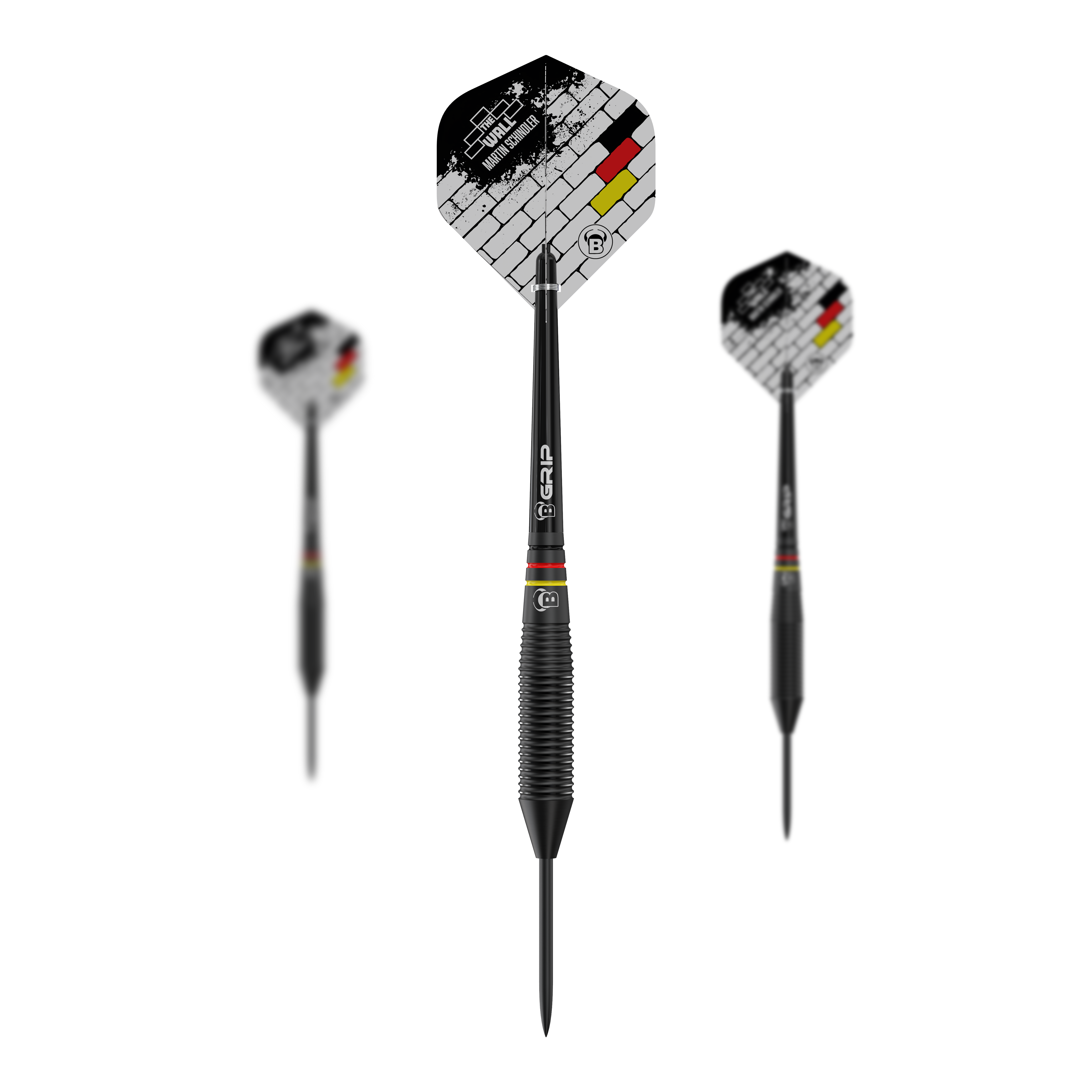 Bulls Martin Schindler The Wall Black Brass Steeldarts Das Bild zeigt drei schwarze Steeldarts der Marke "Bulls Martin Schindler The Wall Black Brass". Die Flights sind mit einem weißen Mauersteinmuster und den Farben der deutschen Flagge verziert.
