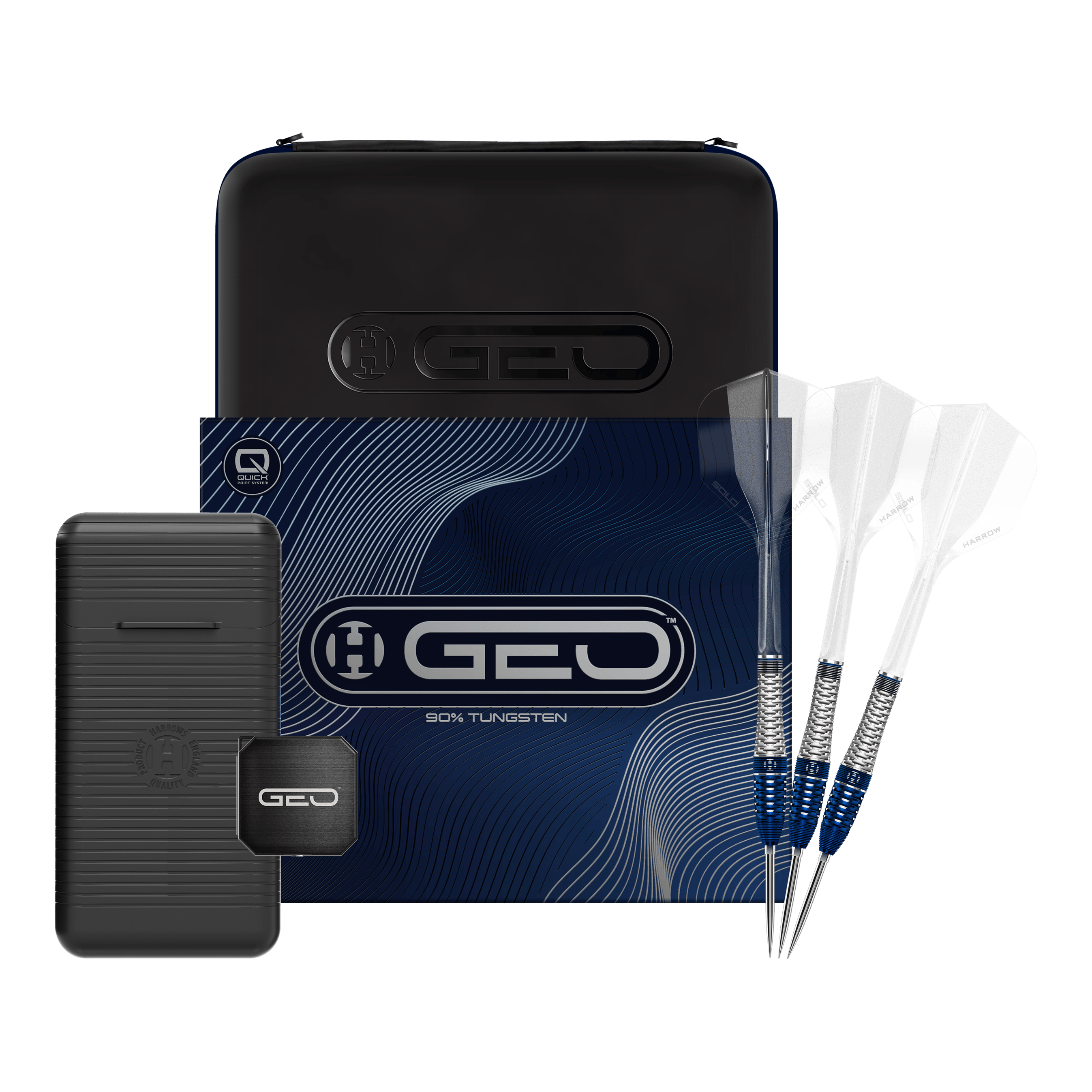 Zu sehen ist das Produkt Harrows GEO Bomb Quick Point Steeldarts. Diese Darts zeichnen sich durch ihre hochwertige Verarbeitung aus.