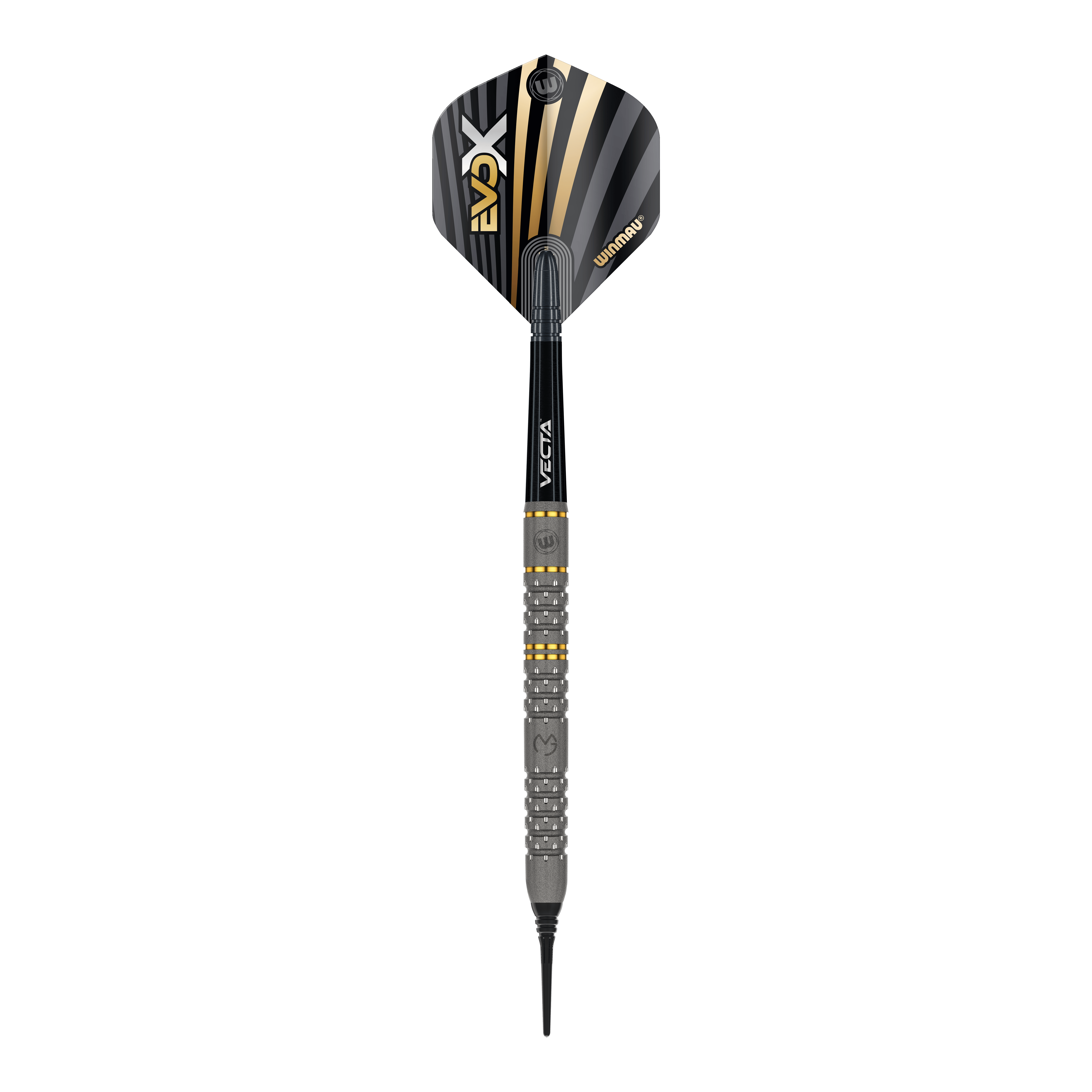 Winmau Michael Van Gerwen Evo-X soft darts - 20g Das Bild zeigt einen Winmau Michael Van Gerwen Evo-X Softdart mit einem Gewicht von 20g. Der Dart hat ein modernes Design mit schwarz-goldenen Akzenten und einer strukturierten Griffzone.