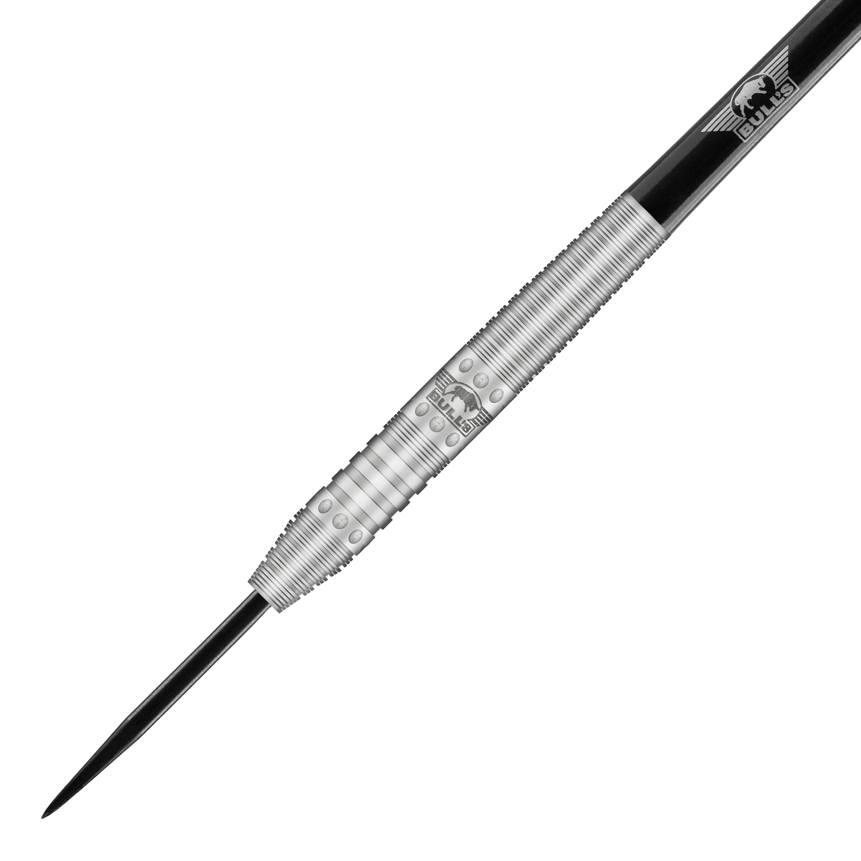 Bulls NL Richard Veenstra 80 steel darts - 23g Das Bild zeigt einen silbernen Steeldartpfeil mit schwarzer Spitze und silbernen Ringen. Auf dem Barrel ist das Logo von Bulls NL eingraviert.