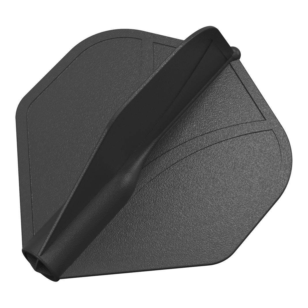 Shot Airfoil Molded No2 Standard Flights Das Bild zeigt eine schwarze, geformte Dart-Flügel aus Kunststoff. Die Oberfläche ist leicht strukturiert und hat eingeprägte Linien.