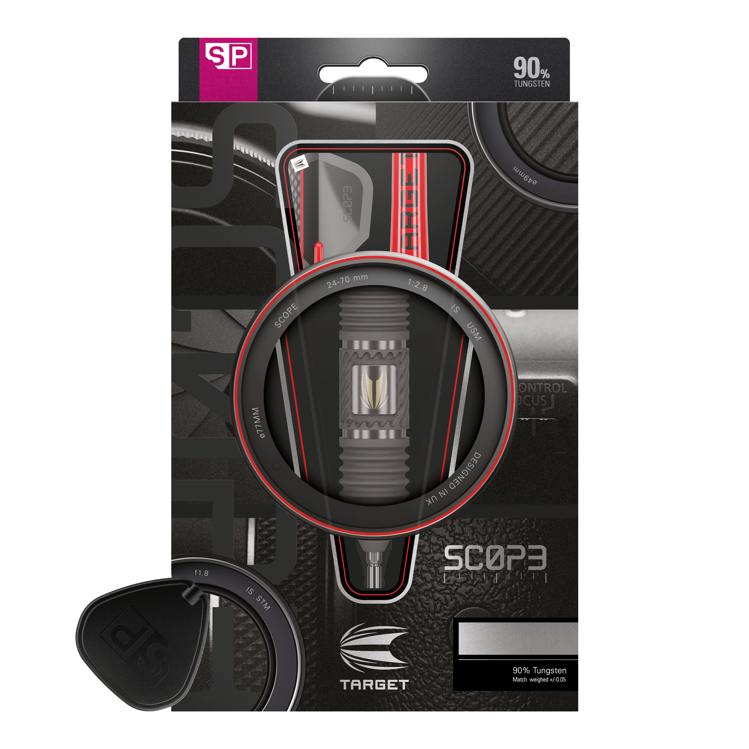 Auf dem Bild ist eine Verpackung für Steeldarts der Marke TARGET zu sehen. Die Darts bestehen zu 90 % aus Wolfram und das Design ist in Schwarz, Rot und Silber gehalten.