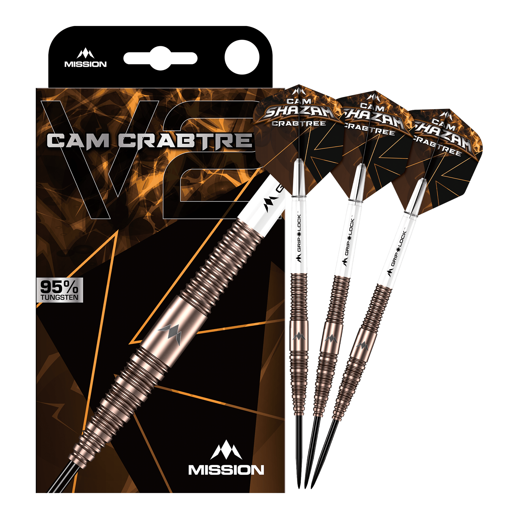 Mission Cam Crabtree V2 95% Tungsten Steel Darts Das Bild zeigt die Mission Cam Crabtree V2 Steeldarts in voller Ansicht. Es handelt sich um ein Set von Steeldarts, präsentiert von vorne.