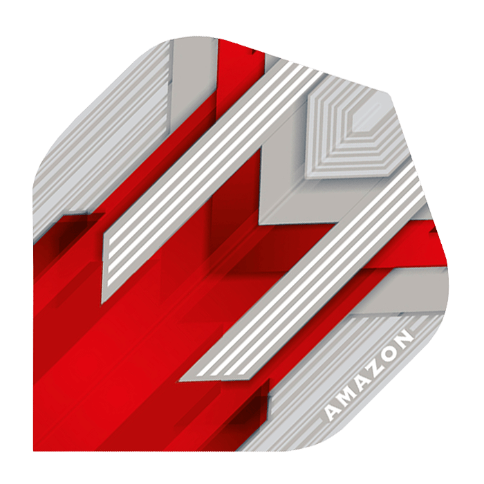 A-29-Amazon-Silver-No2-Red-FlightsR0LL0zfT8W1zr Das Bild zeigt einen Dartflight mit einem modernen Design in Rot, Silber und Weiß. In der rechten unteren Ecke steht das Wort "AMAZON".