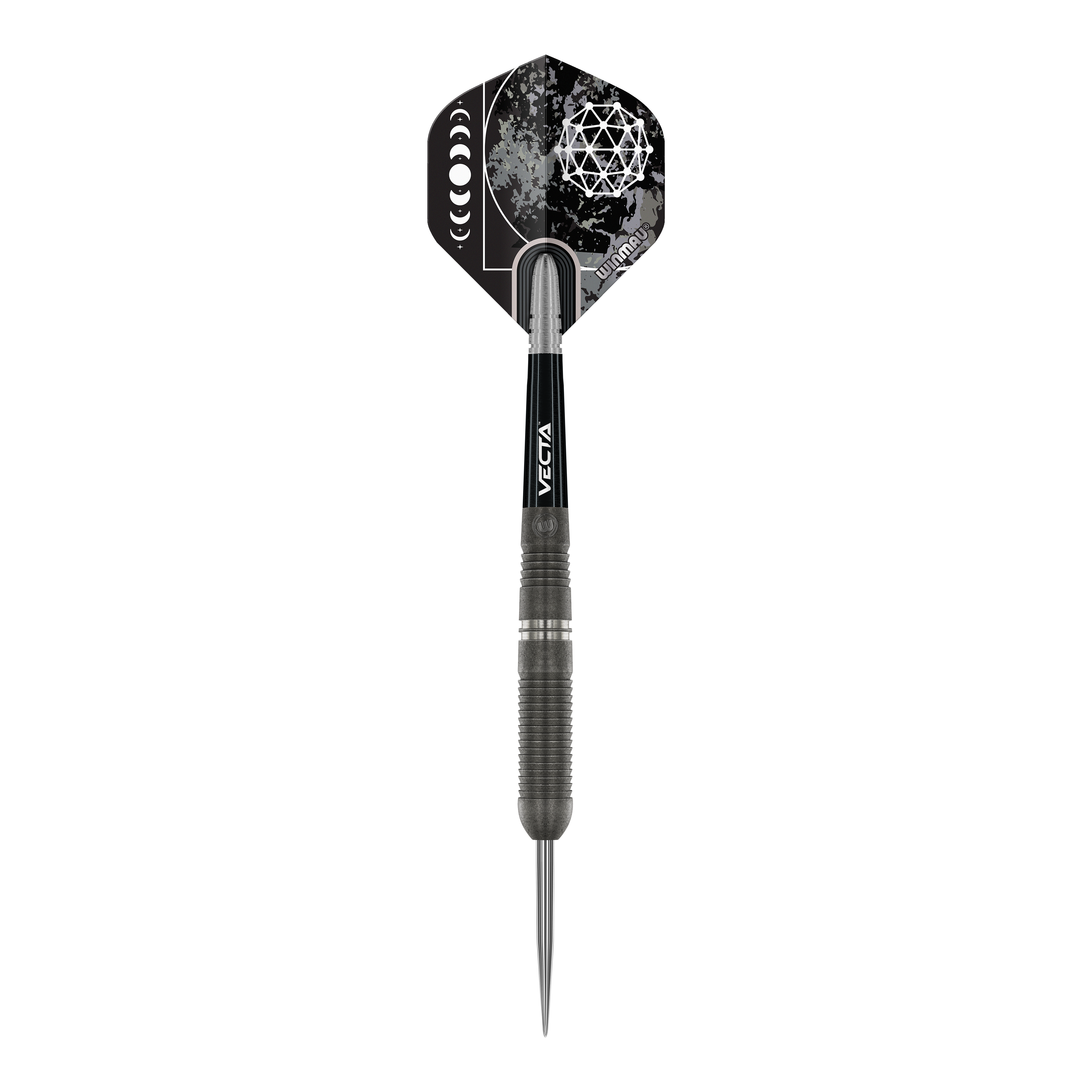 Winmau Callisto 03 Steeldarts Das Bild zeigt einen Winmau Callisto 03 Steeldart. Der Dart ist schwarz mit einem auffälligen, geometrischen Muster auf dem Flight.