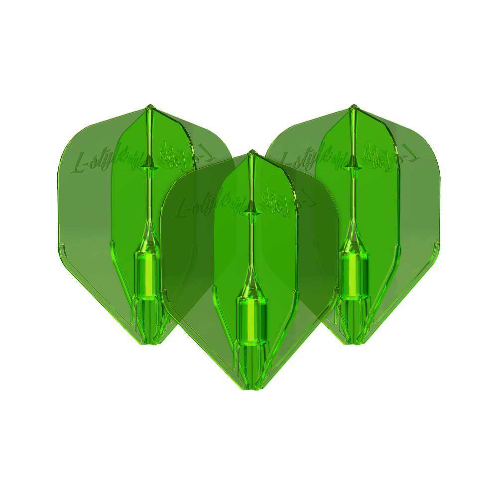 L-Style Fantom L3EZ Flights Green Das Bild zeigt drei grüne L-Style Fantom L3EZ Flights für Dartpfeile. Die Flights sind durchsichtig und haben eine glänzende Oberfläche.