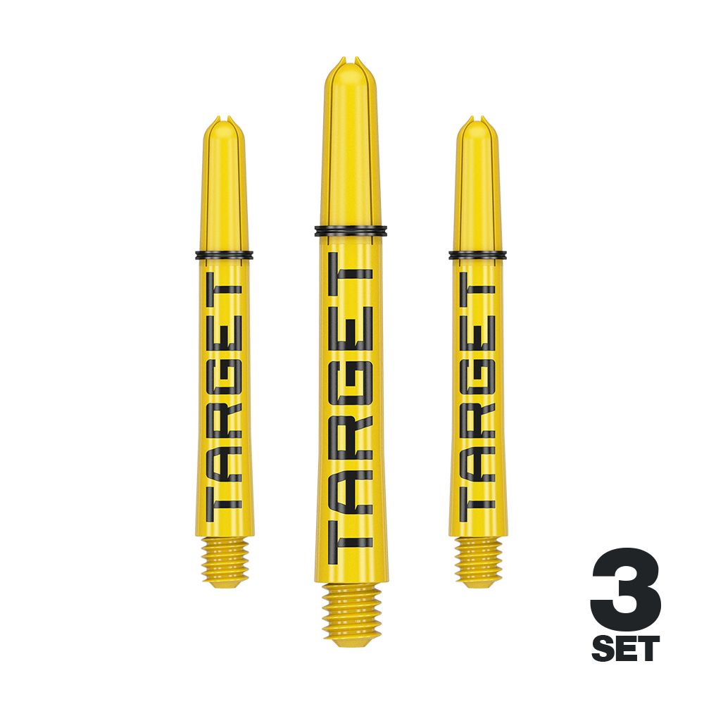 Das Bild zeigt drei gelbe Dart-Schäfte mit der Aufschrift "TARGET". Unten rechts steht "3 SET", was auf ein Set mit drei Stück hinweist.