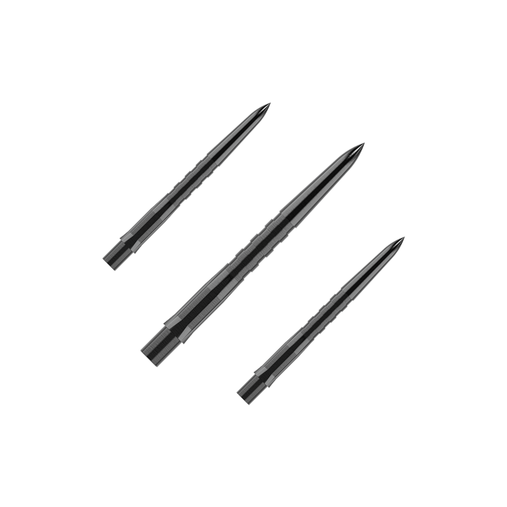 Das Bild zeigt drei schwarze, gerillte Steeldartspitzen, die parallel zueinander liegen. Die Spitzen sind spitz zulaufend und haben eine glänzende Oberfläche.