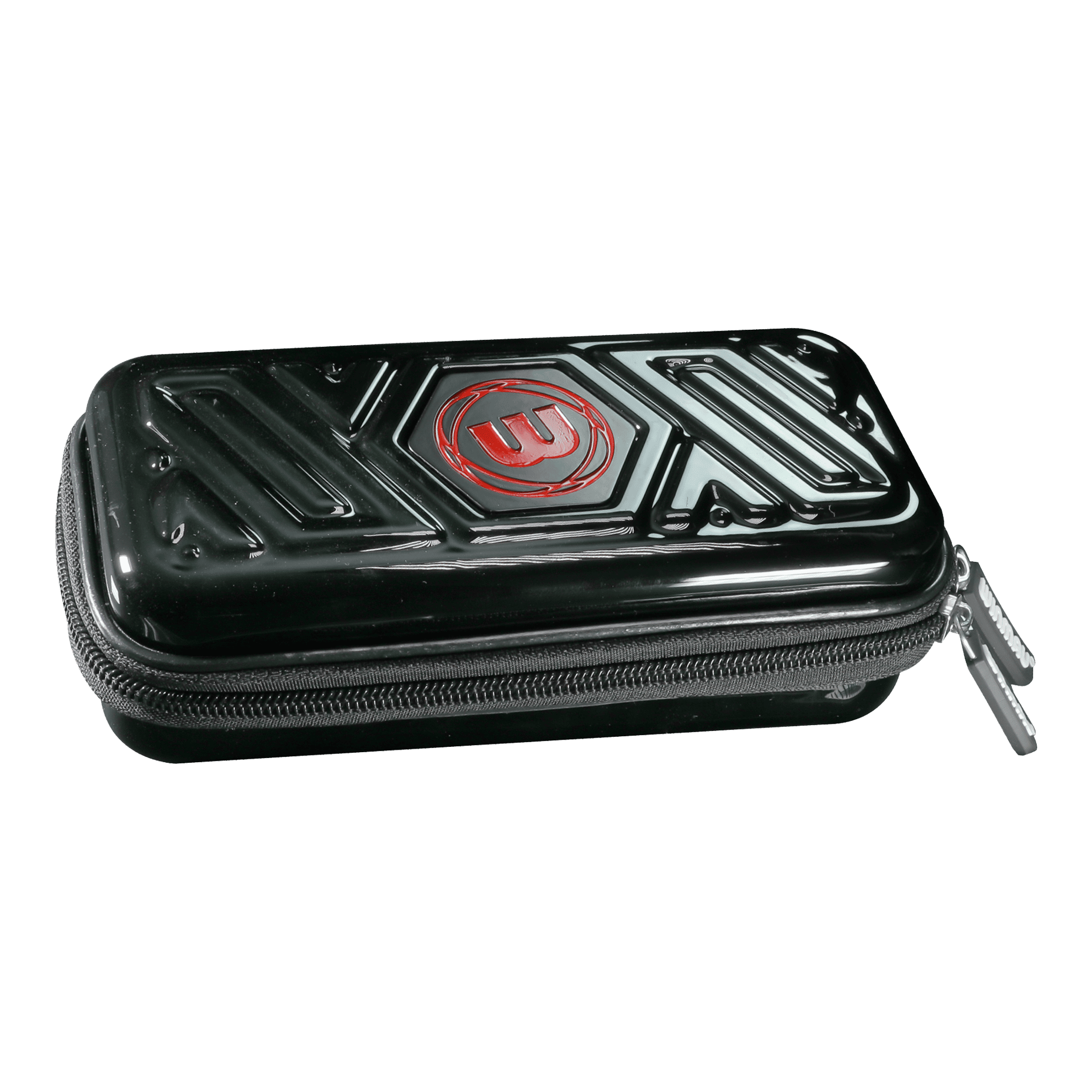 Winmau Armor G1 Dart Wallet Das Bild zeigt ein schwarzes Dart-Etui mit einem Reißverschluss. Auf dem Etui ist ein rotes Logo zu sehen.