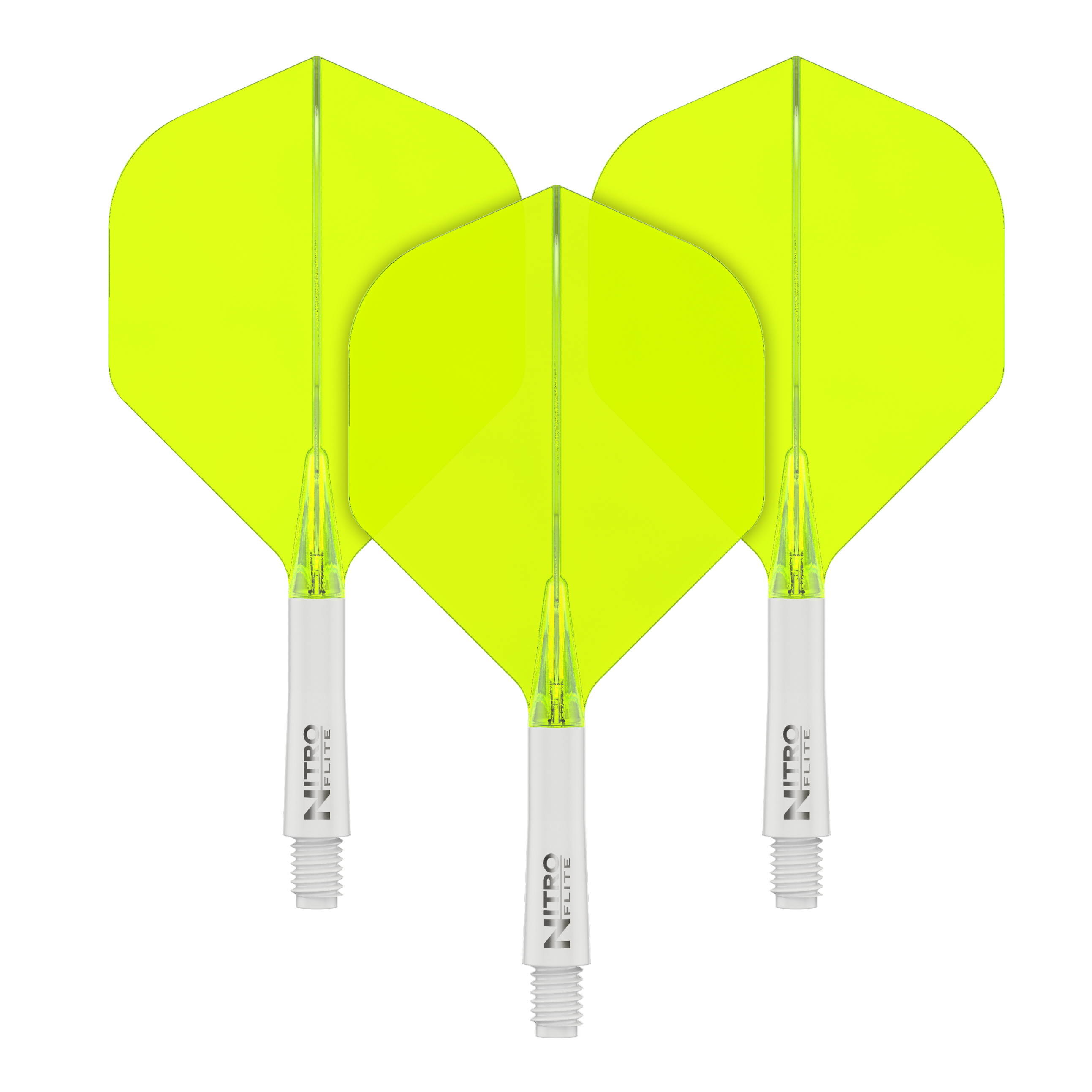 Red Dragon Nitroflite - White Shaft Yellow No2 Flights Auf dem Bild sind drei gelbe Dartflights mit weißen Schäften zu sehen. Sie stehen nebeneinander auf einem schwarzen Hintergrund.
