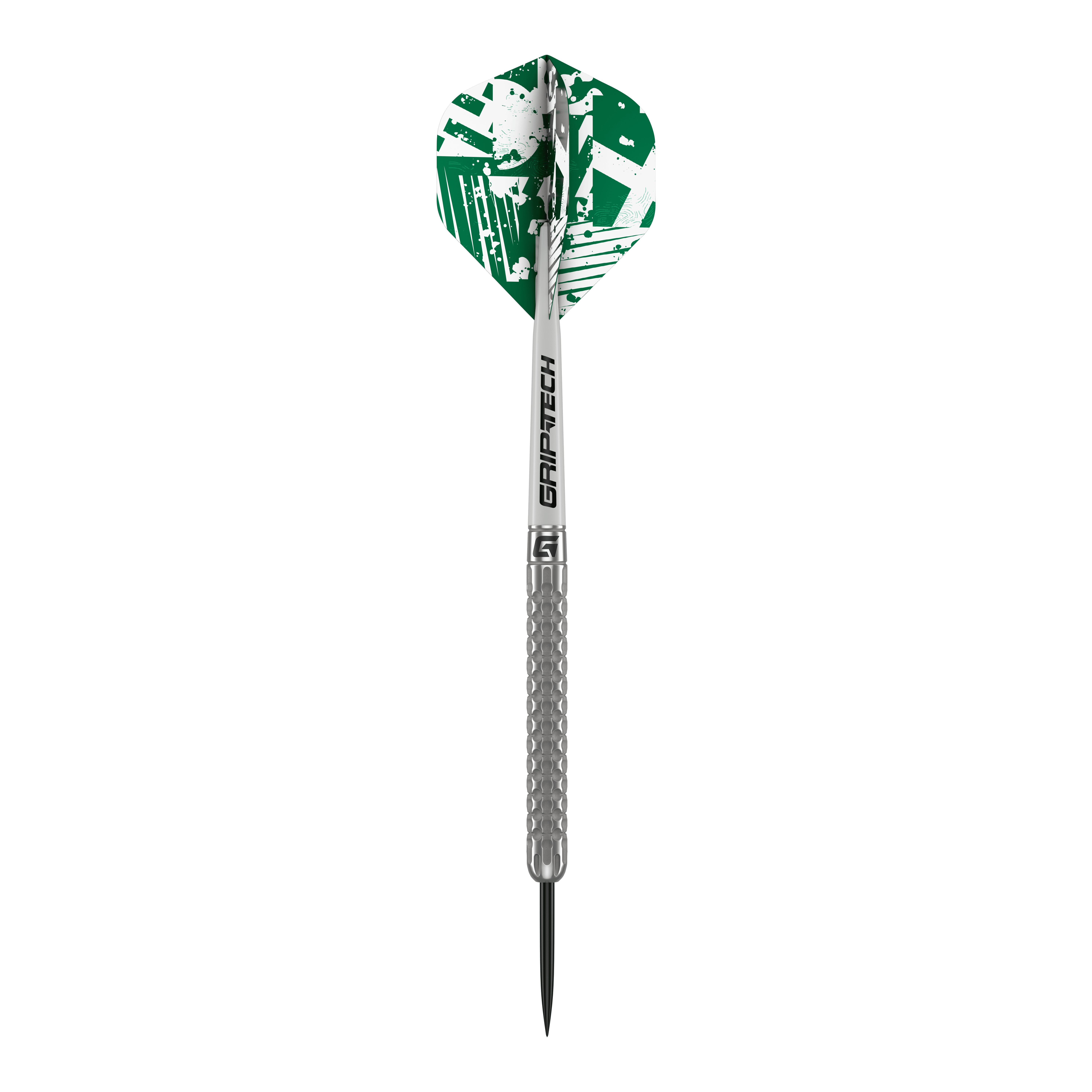 GOAT Fairway V1 Tungsten Steel Darts Das Bild zeigt einen GOAT Fairway V1 Tungsten Steeldart mit silbernem Schaft und Griffbereich. Die Dartflügel sind grün-weiß gemustert und tragen den Schriftzug "GRIP-TECH".