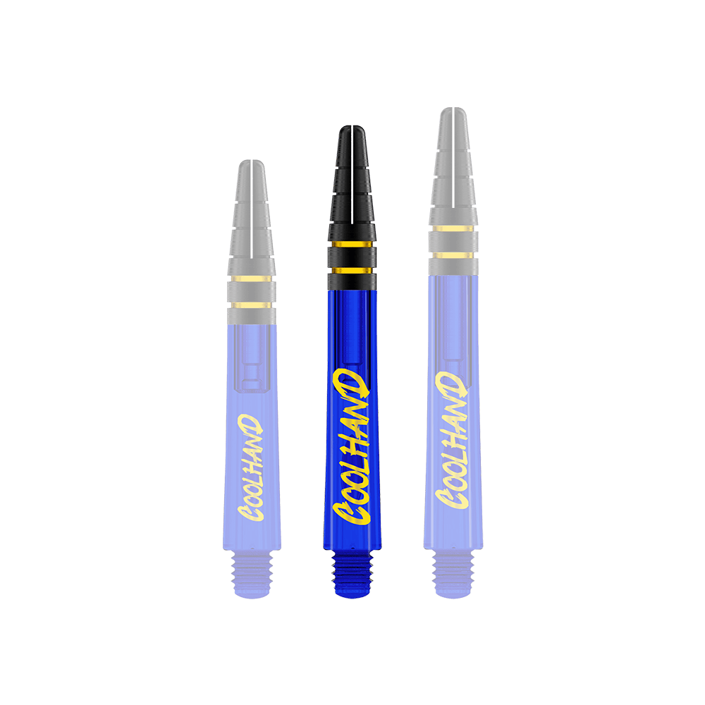 Red Dragon Nitrotech Luke Humphries Coolhand Shafts - Blue Auf dem Bild sind drei blaue Dart-Schäfte mit der gelben Aufschrift "COOLHAND" zu sehen. Die Schäfte haben schwarze und goldene Akzente am oberen Ende.