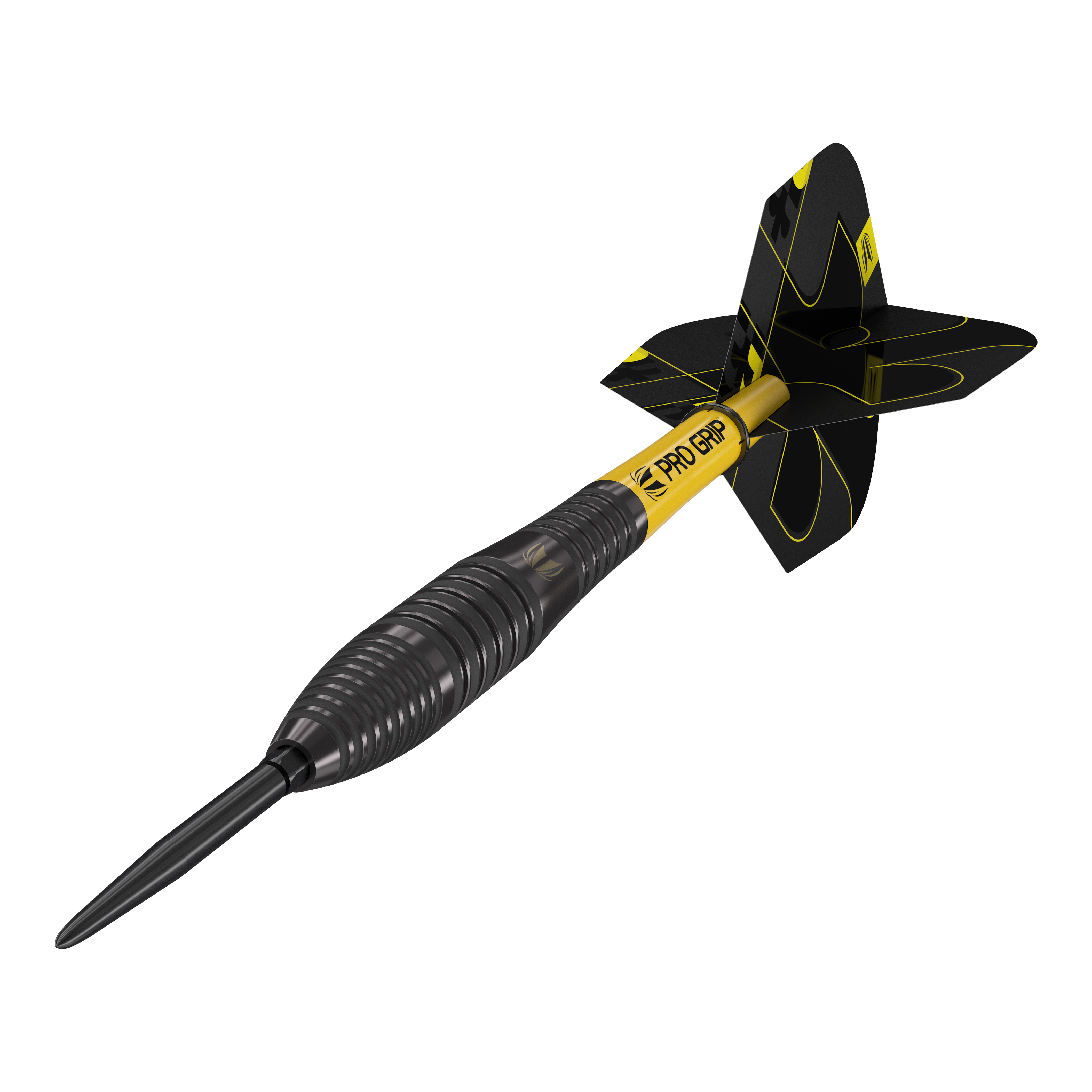 Target Bolide Void 05 Swiss Point steel darts Das Bild zeigt einen Target Bolide Void 05 Swiss Point Steeldart. Der Dart ist schwarz mit gelben Akzenten und hat einen gerillten Griff sowie gelbe "Pro Grip"-Schriftzüge.
