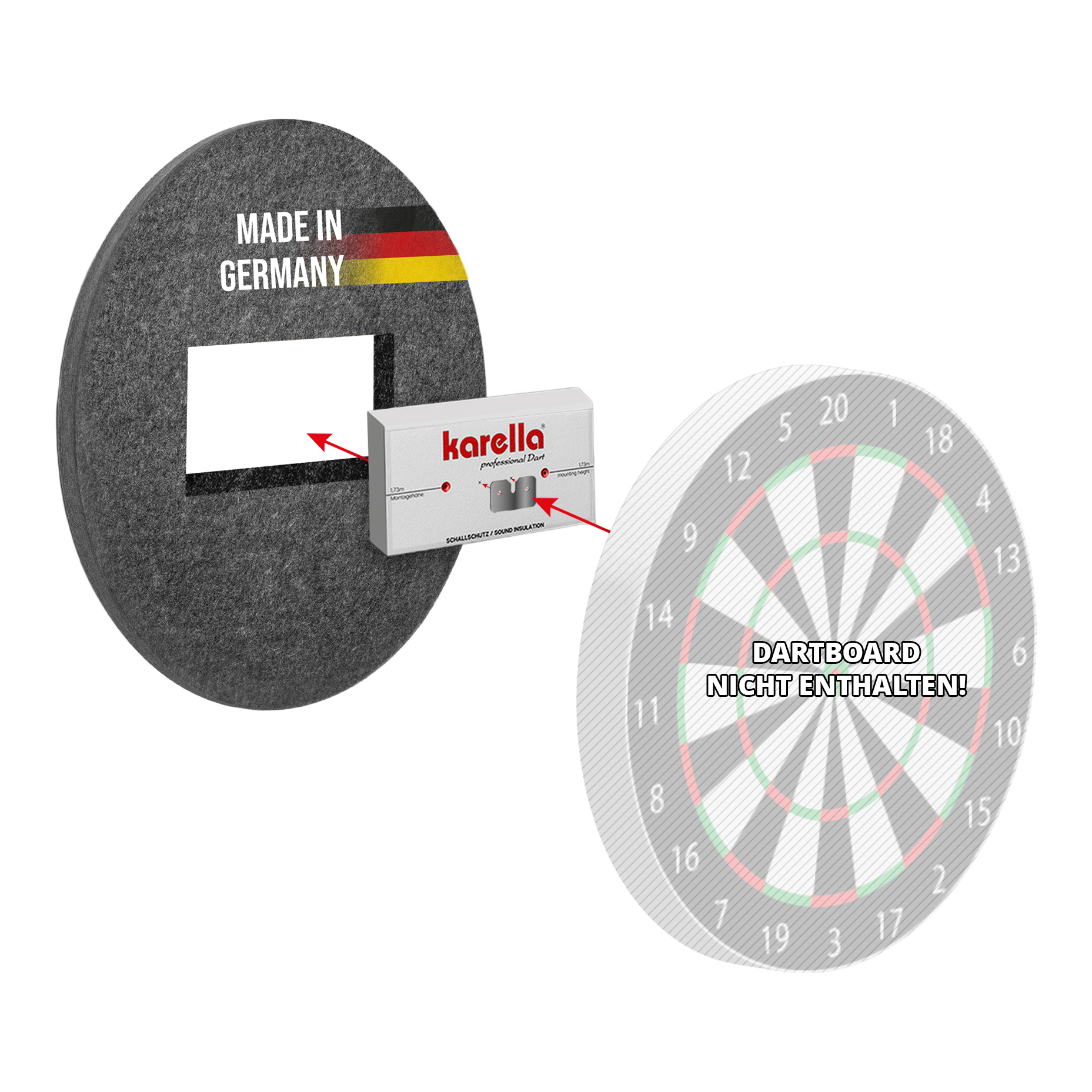 Compact soundproofing Karella for steel dartboards Kompakter Schallschutz Karella für Steeldartboards ist auf dem Bild zu sehen. Es handelt sich um einen schalldämpfenden Schutz für Steeldartboards.