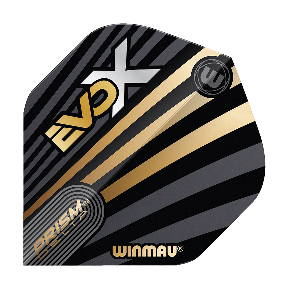 Das Bild zeigt ein Winmau Prism Delta MvG Evo-X No2 Standard Flight. Das Flight ist schwarz mit goldenen und grauen Streifen sowie dem Schriftzug "EVO-X" und "WINMAU".
