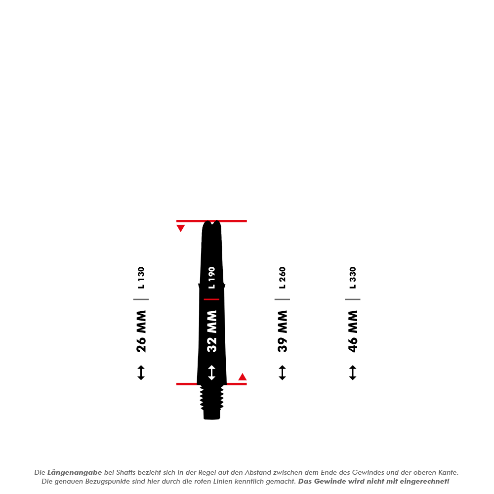 L-L-Style-Shafts Locked Straight - Green Das Bild zeigt eine schematische Darstellung eines Dart-Schafts mit Maßangaben. Es werden verschiedene Längen in Millimetern angegeben, die zwischen den roten Linien gemessen werden.