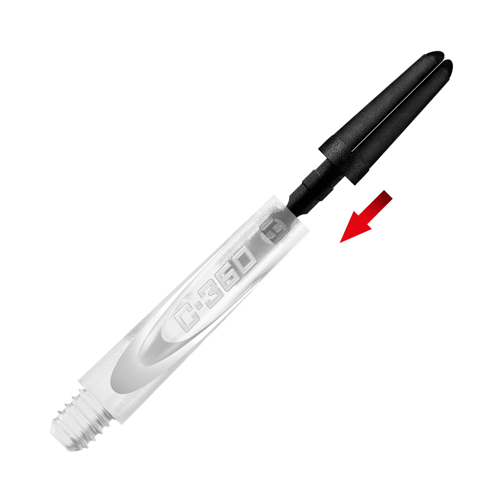 HR442_Harrows_Carbon_360_Shaft_Tops_3 Das Bild zeigt das Produkt "Harrows Carbon 360 Shaft Ersatztops". Ein roter Pfeil weist auf das schwarze Ersatzteil am oberen Ende des Schafts hin.