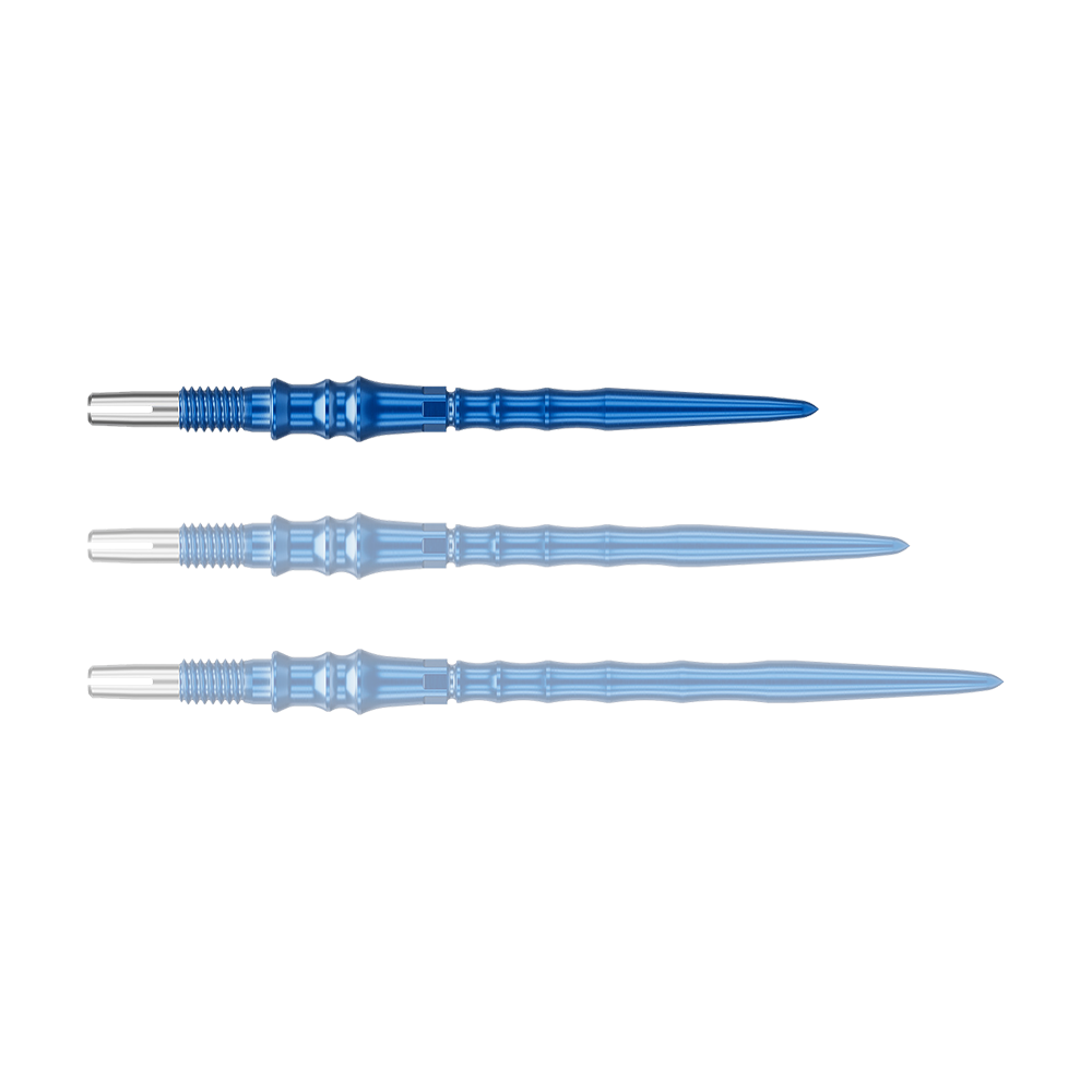 Target Japan Premium Swiss Point Dart Tips - Blue Das Bild zeigt ein einzelnes, blaues Dartspitze. Die Spitze ist 30 mm lang.