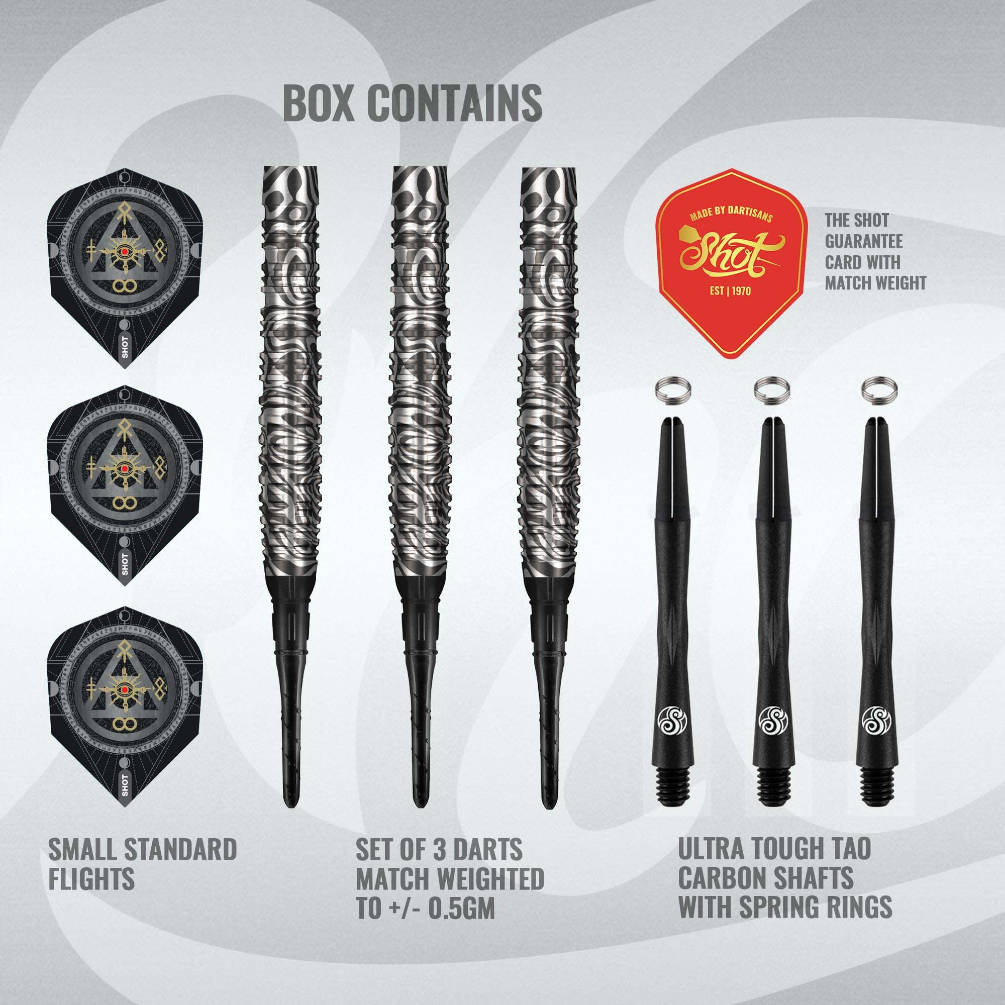 Zu sehen sind die Shot Alchemy Runstel Softdarts mit einem Gewicht von 20g. Sie bieten hohe Präzision und Spielkomfort.
