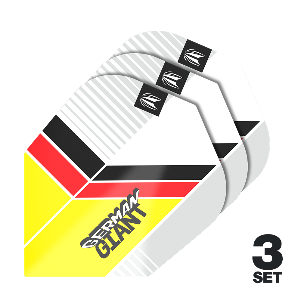 Target Pro Ultra Gabriel Clemens No6 Flights - 3 sets Auf dem Bild sind drei Sätze Dart-Flights mit dem Design "German Giant" in den Farben Gelb, Rot, Schwarz und Weiß zu sehen. Unten rechts steht "3 Set", was auf drei enthaltene Sets hinweist.