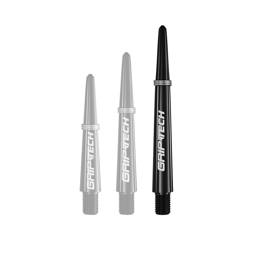 GOAT Griptech Shafts - Black Auf dem Bild sind drei schwarze Dartschäfte in verschiedenen Längen zu sehen. Auf jedem Schaft steht das weiße Logo "GRIPTECH".