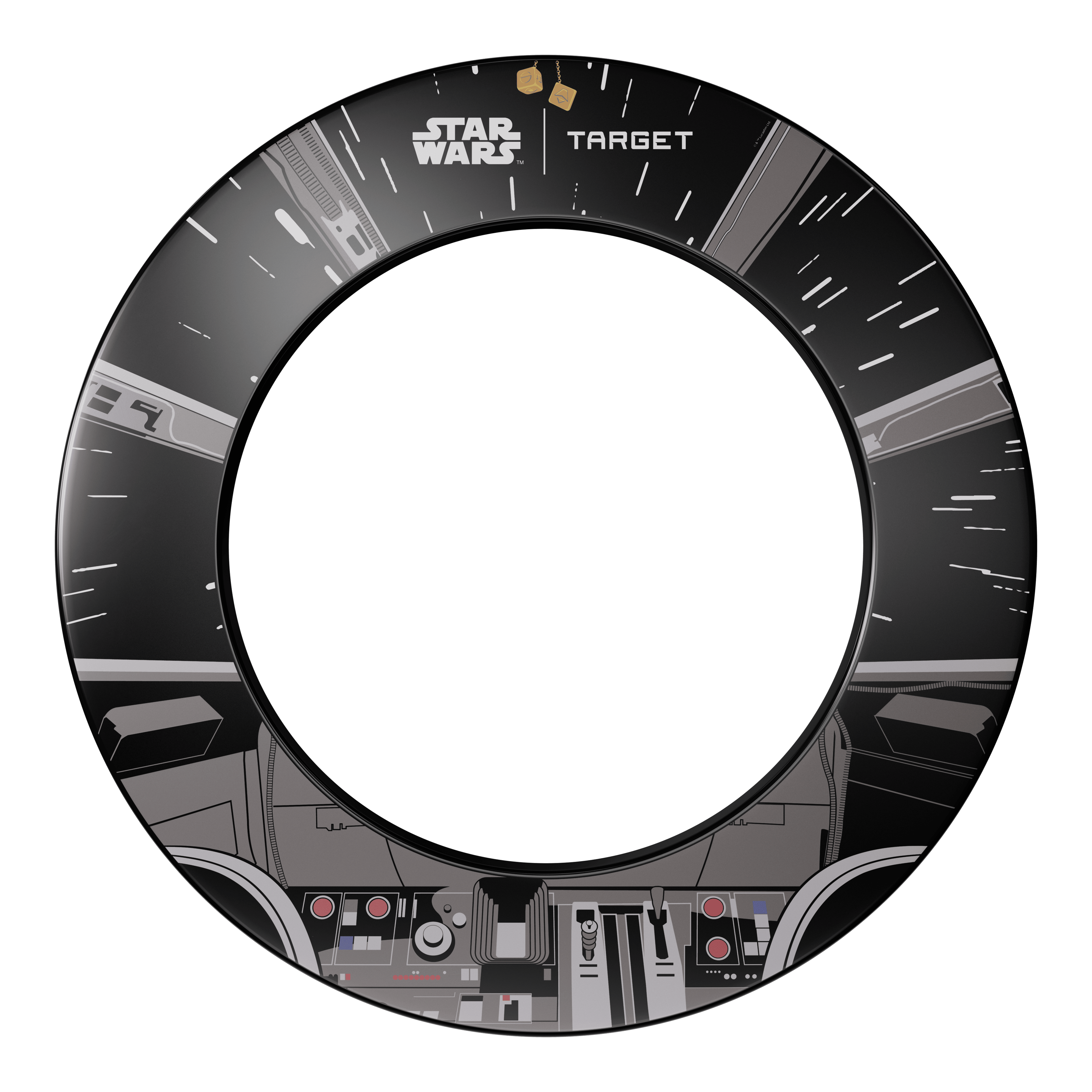 Dieses Bild stellt das Target Star Wars Millennium Falcon Surround Board Bundle dar. Das Design kombiniert klassische Dartscheiben mit Details des Millennium Falcon aus Star Wars.