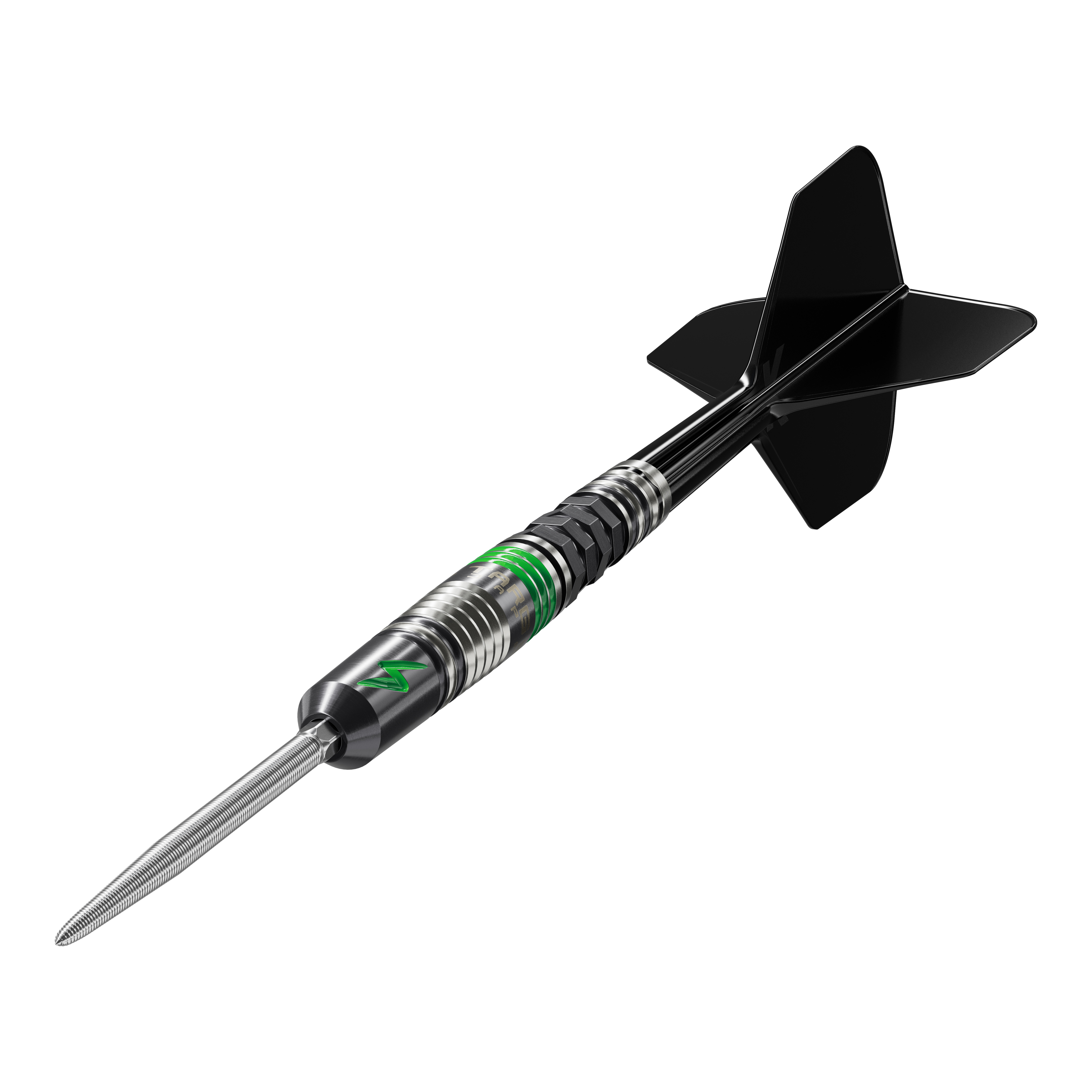 Target Japan Black Marque Lightning 3 SP steel darts Das Bild zeigt den Target Japan Black Marque Lightning 3 SP Steeldart. Der Dartpfeil ist schwarz-silber mit grünen Akzenten und hat schwarze Flights.