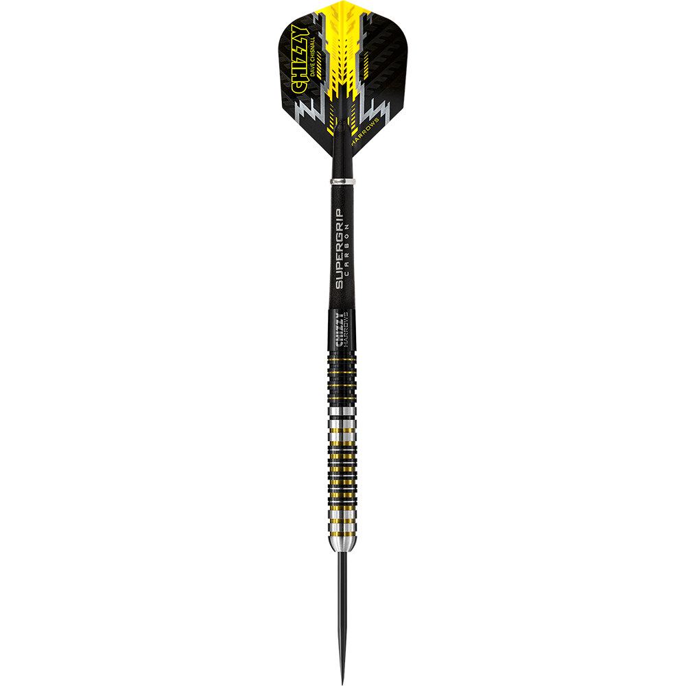 HAXXXXX_Harrows_Chizzy_Steeldarts_1 Auf dem Bild ist ein Harrows Dave Chisnall Chizzy Steeldart zu sehen. Der Dartpfeil hat auffällige gelbe und schwarze Akzente.