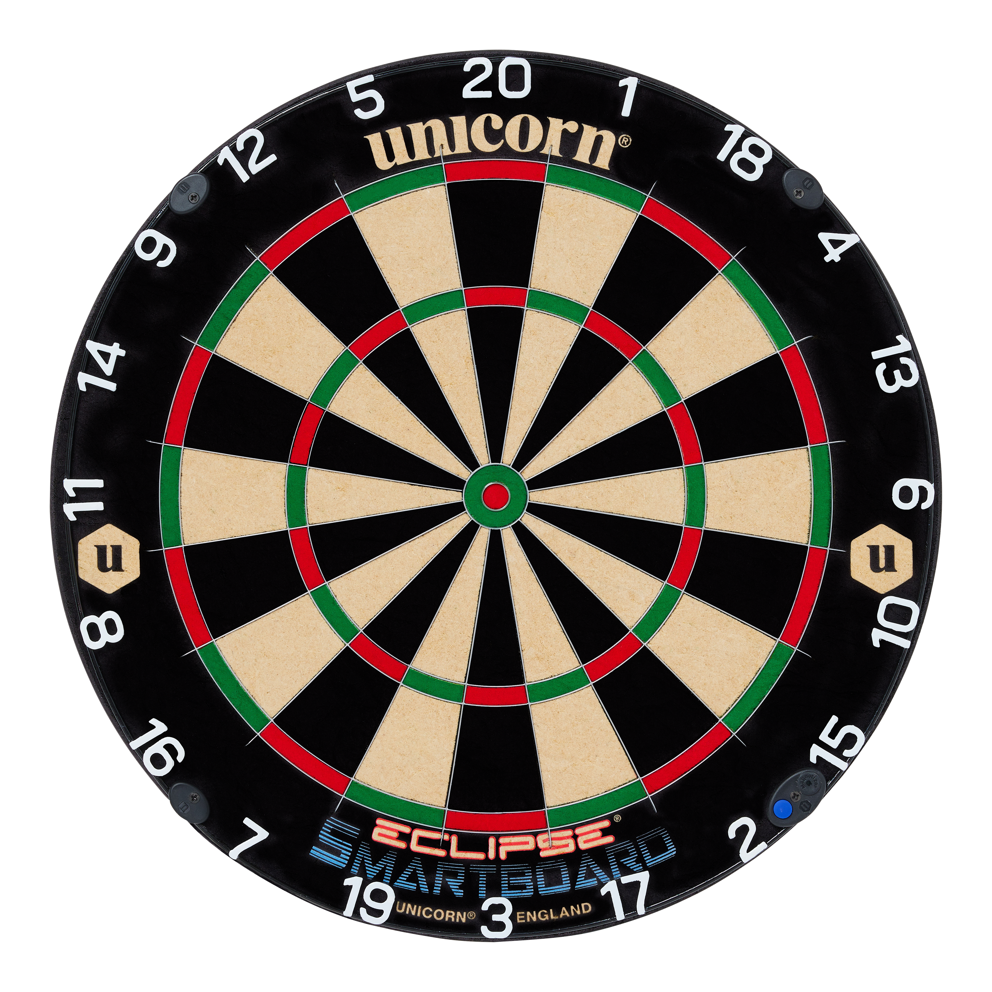 Unicorn Eclipse Smartboard steel dartboard Das Bild zeigt eine Steeldart-Scheibe mit der Aufschrift "Unicorn Eclipse Smartboard". Die Felder sind klassisch in Schwarz, Weiß, Rot und Grün gehalten und die Zahlen sind rund um den Rand angeordnet.