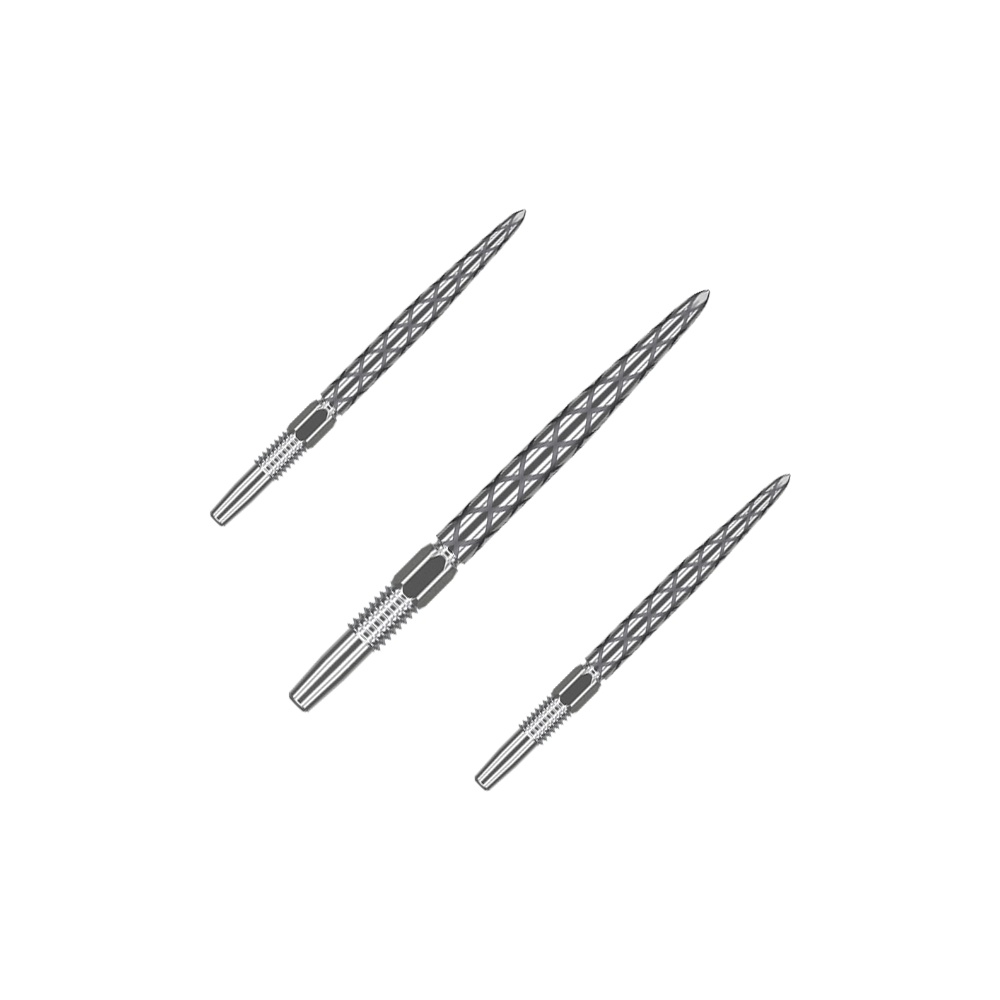 Target Swiss Diamond Pro Silver Points dart tips Das Bild zeigt drei silberne Dartspitzen mit einem rautenförmigen Muster. Sie sind nebeneinander auf einem neutralen Hintergrund angeordnet.