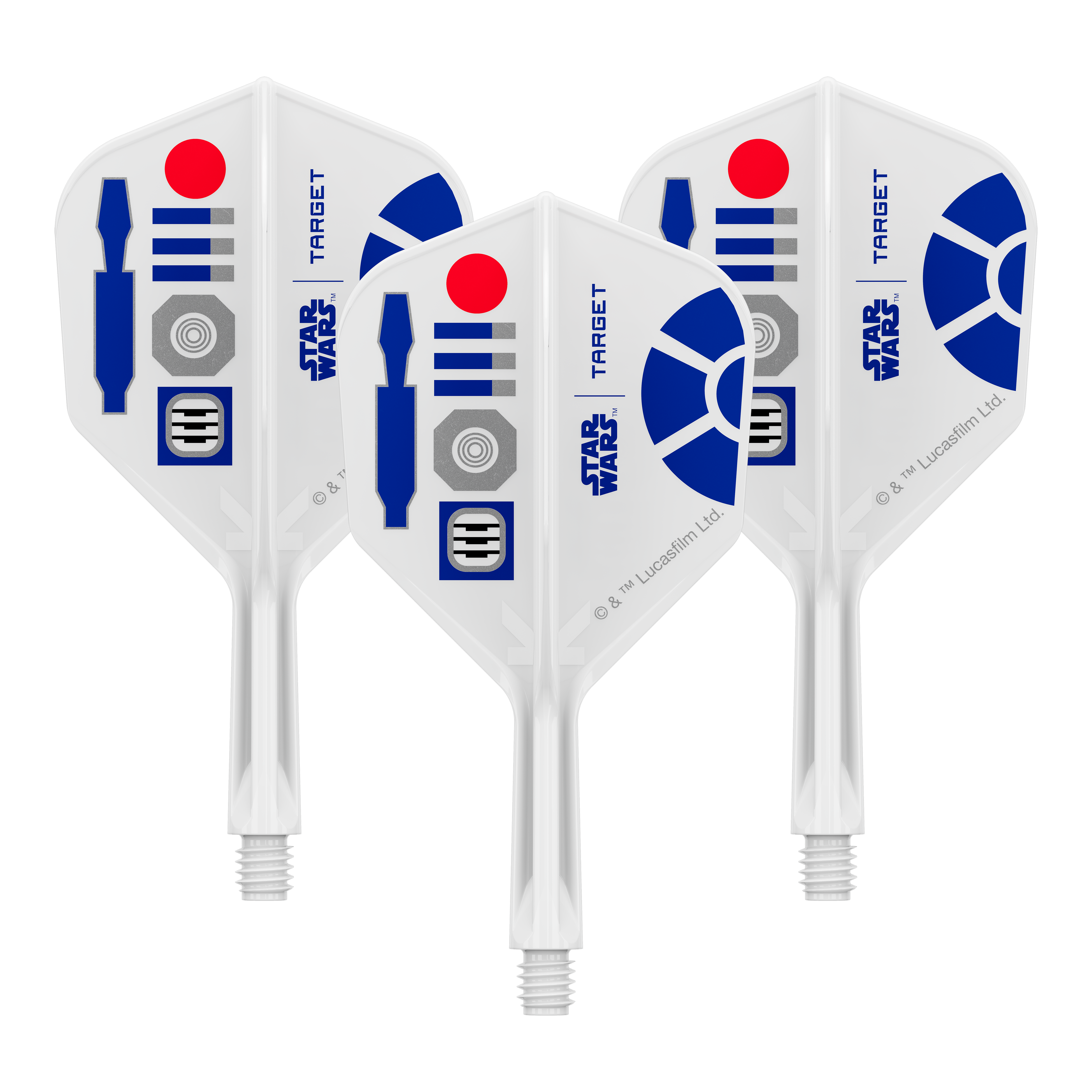 Target Star Wars K-Flex R2D2 No6 Flights Abgebildet sind Dart-Flights mit Star Wars R2D2 Motiv und dem Dateinamen 410510_Target_StarWars_KFlex_R2D2_No6_Flights_Short_19mm_1Set. Es handelt sich um ein Set kurzer Dart-Flights.