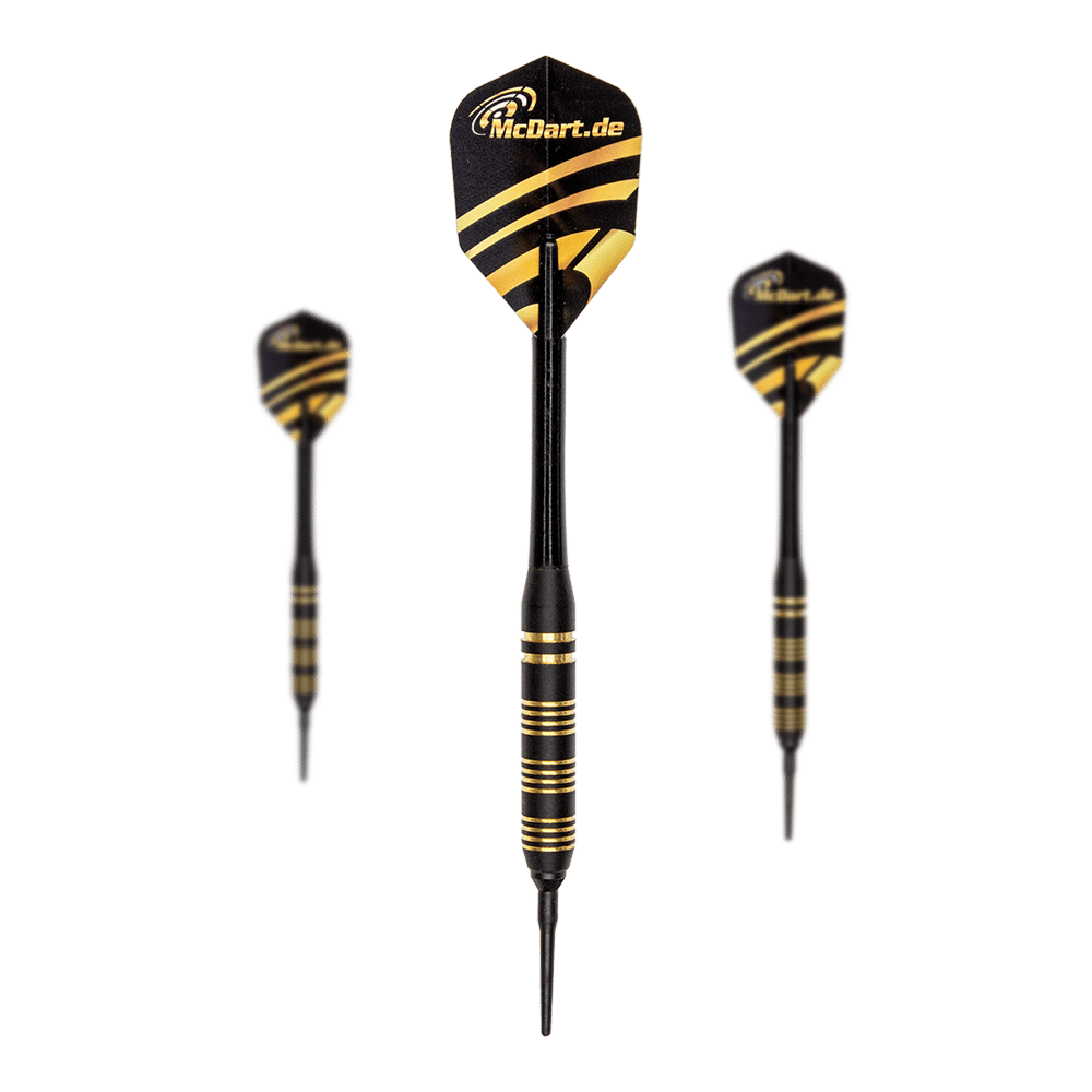 Royal Softdarts - 17g Das Bild zeigt drei Royal Softdarts mit einem Gewicht von 17g. Die Darts sind schwarz mit goldenen Ringen und haben Flights mit dem Logo "McDart.de".