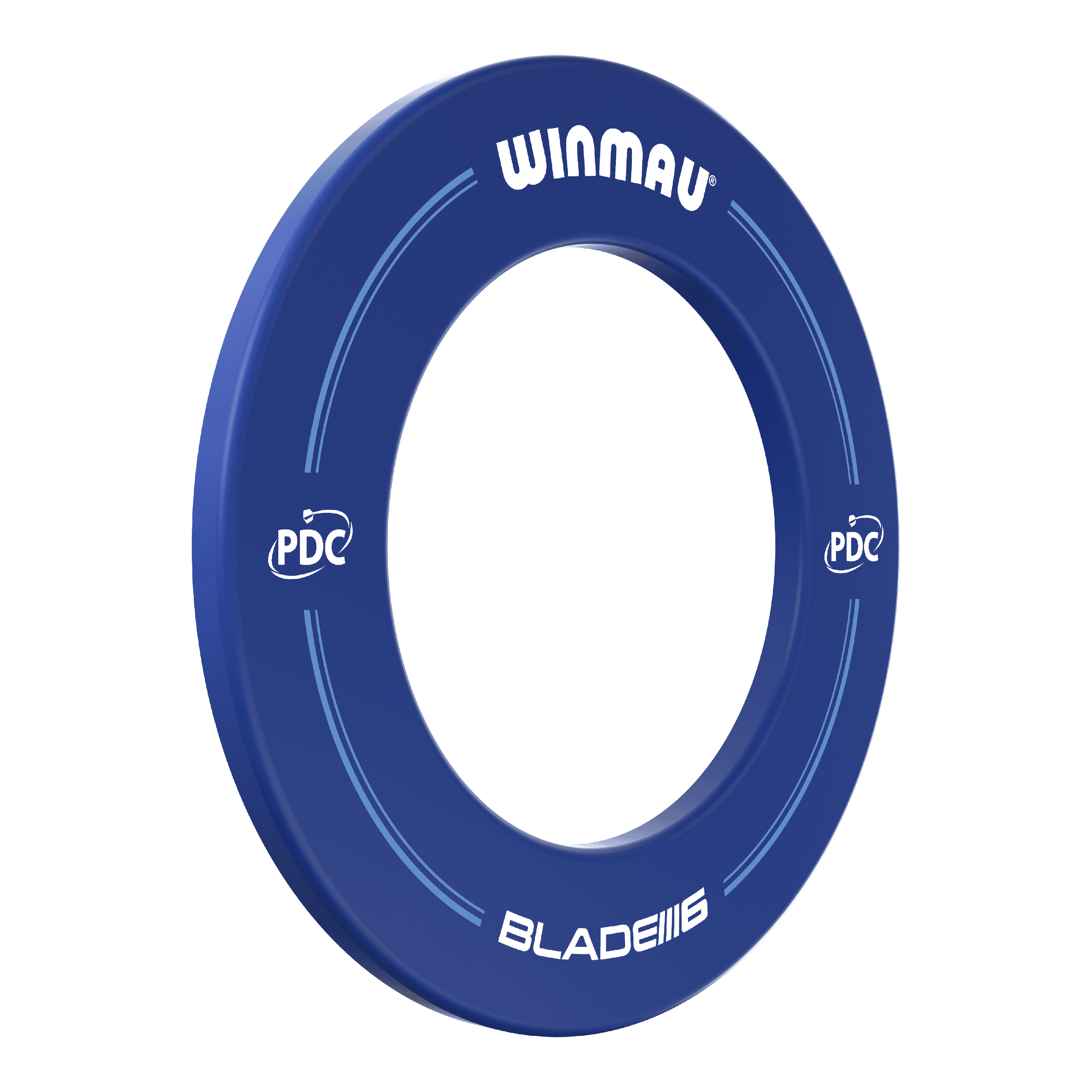 Winmau PDC Dartboard Surround - Blue Das Bild zeigt einen blauen Dartboard-Surround der Marke Winmau mit der Aufschrift "BLADE 6" und "PDC". Der Ring dient zum Schutz der Wand rund um eine Dartscheibe.