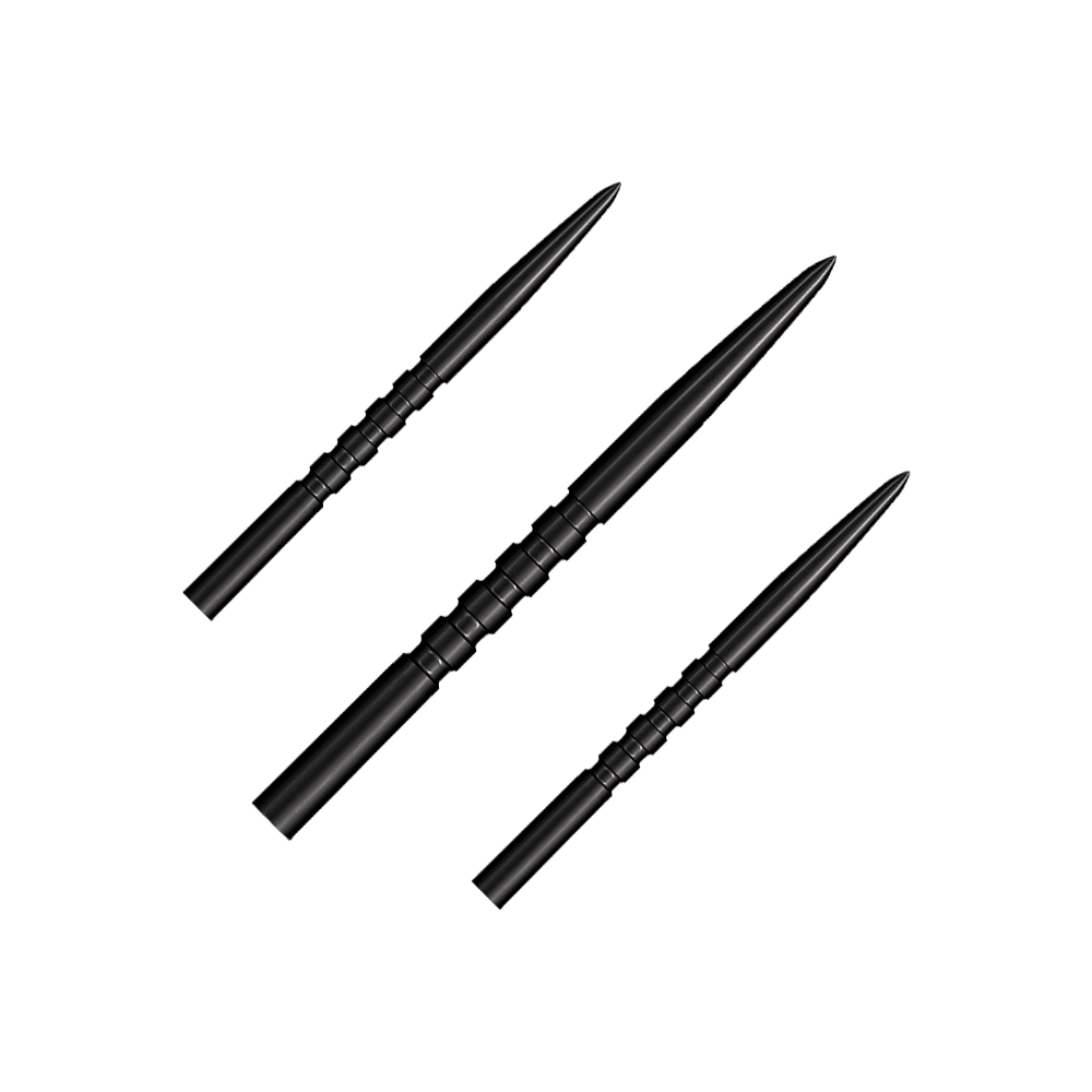 Das Foto zeigt ein Set schwarzer Steeldartspitzen. Es handelt sich um das Modell Grip Point mit 35 mm Länge.