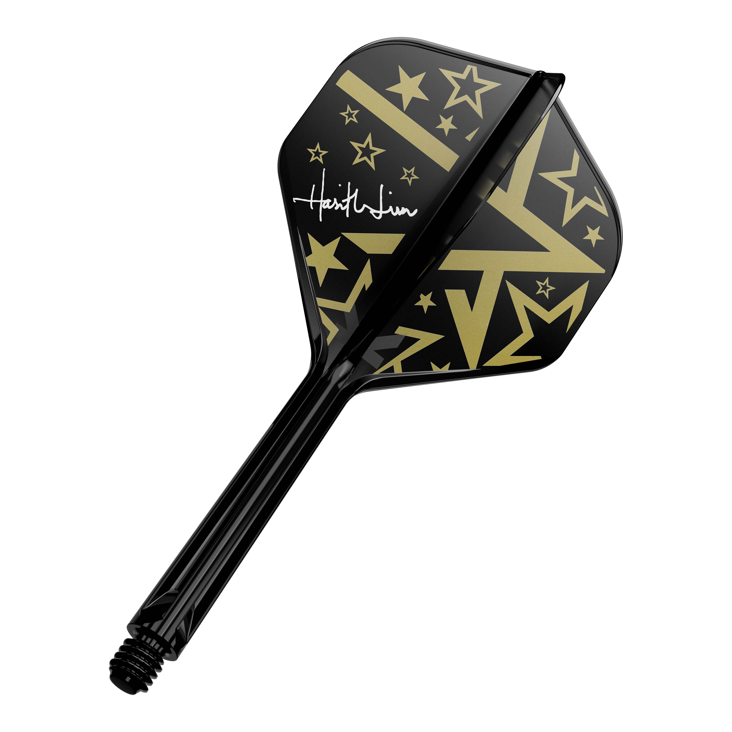 Target Japan K-Flex Hot Shot No2 Standard Flight Shaft System Dies ist ein schwarzer Dartschaft mit einem Flight in Schwarz und Gold. Das Flight-Design zeigt goldene Sterne und geometrische Muster sowie eine weiße Unterschrift.