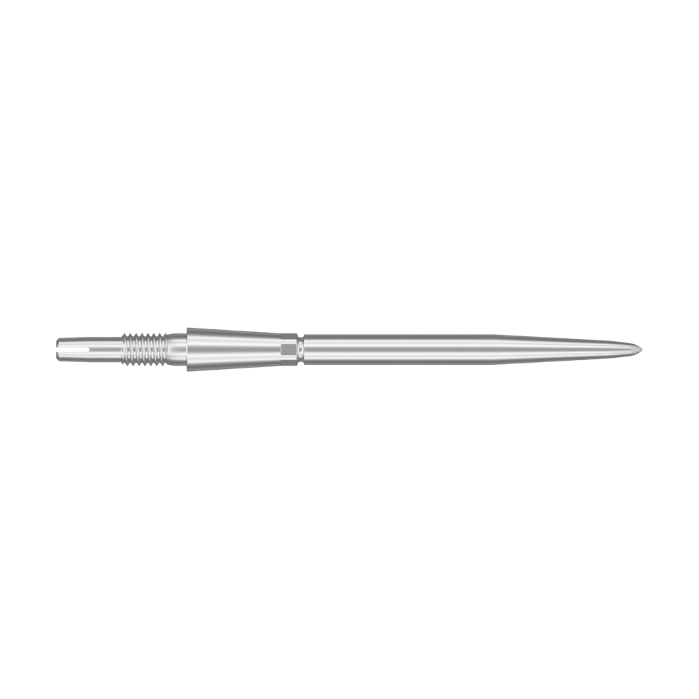 Target Swiss Storm Point dart tips - silver Das Bild zeigt eine silberne Dartspitze in schlanker, länglicher Form. Die Spitze hat eine glatte Oberfläche mit einigen geriffelten Bereichen am hinteren Ende.