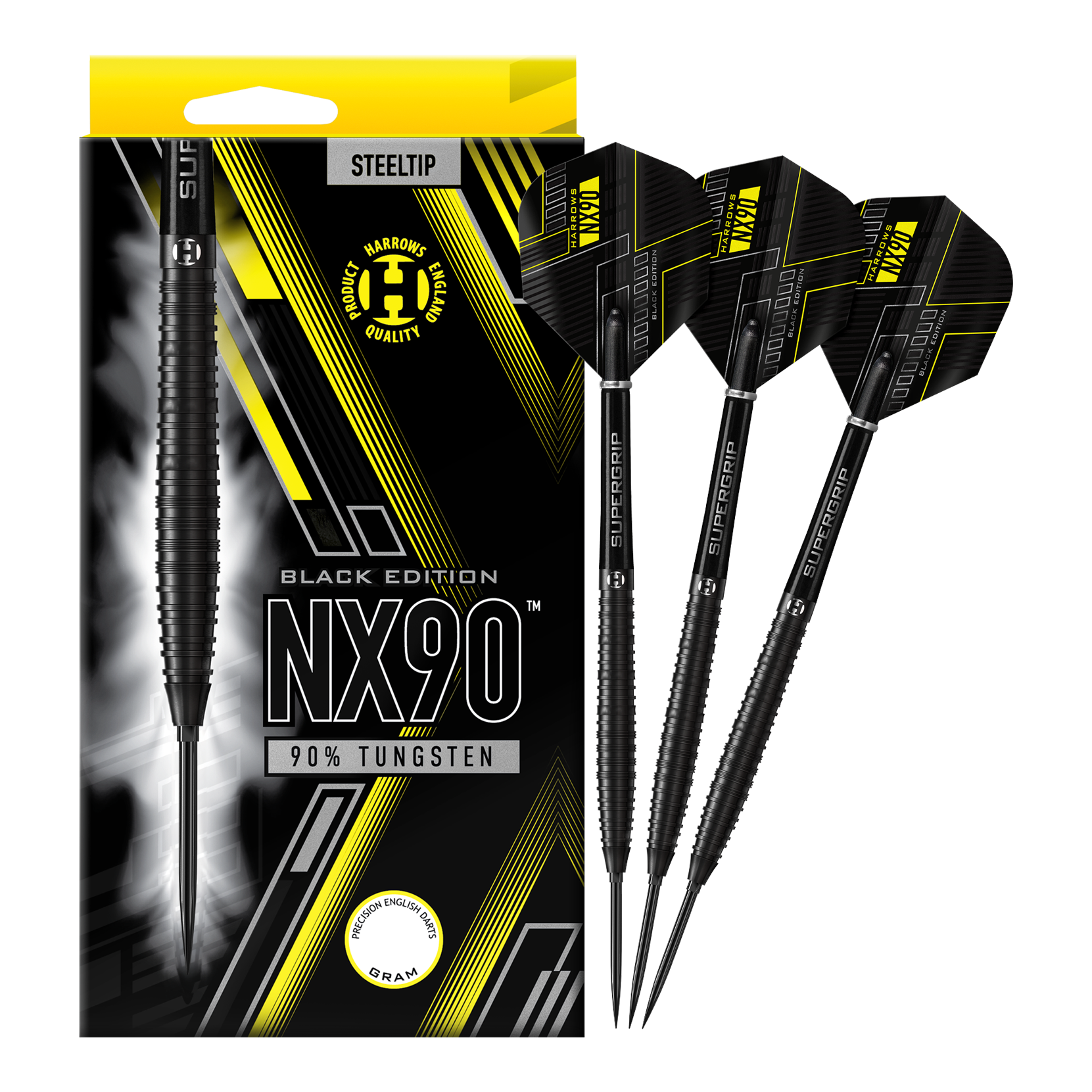 Harrows NX90 Black Edition Tapered Quick Point Steel Darts Abgebildet sind die Harrows NX90 Black Edition Tapered Quick Point Steeldarts. Die schwarzen Steeldarts haben eine schlanke, konische Form.