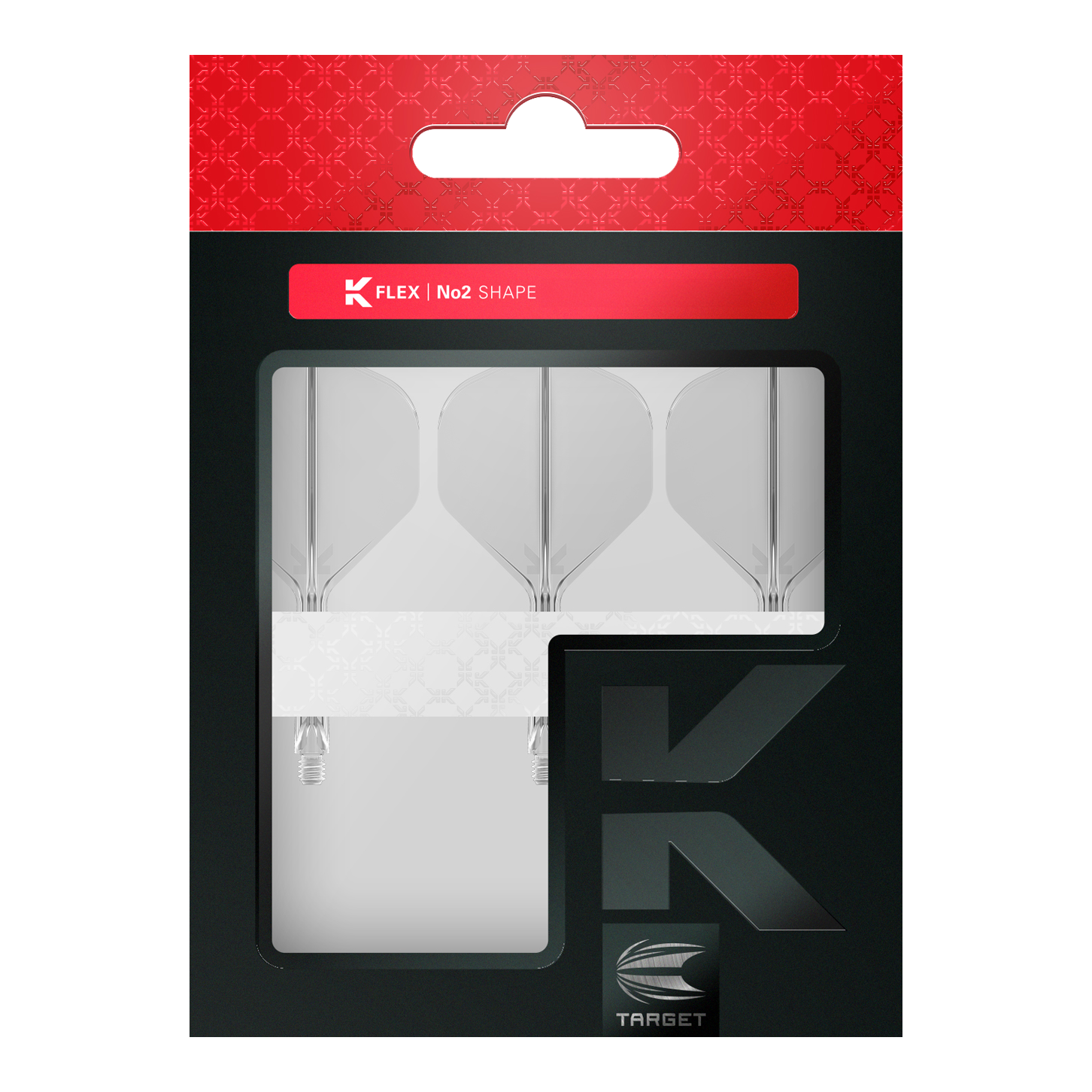 Target K-Flex No2 Standard Flight System - Clear Das Bild zeigt eine Packung mit Target K-Flex No2 Standard Flights in durchsichtigem Design. Die Verpackung ist schwarz mit einem roten Abschnitt oben und enthält vier Flights.