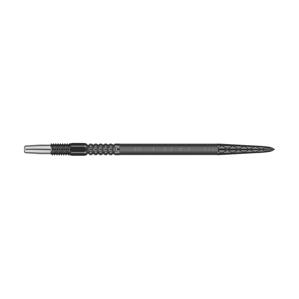 Target Swiss Point DX dart tips - Black Das Bild zeigt eine schwarze Dartspitze mit strukturierter Oberfläche. Sie ist lang und schmal mit einem metallischen Ansatz am Ende.