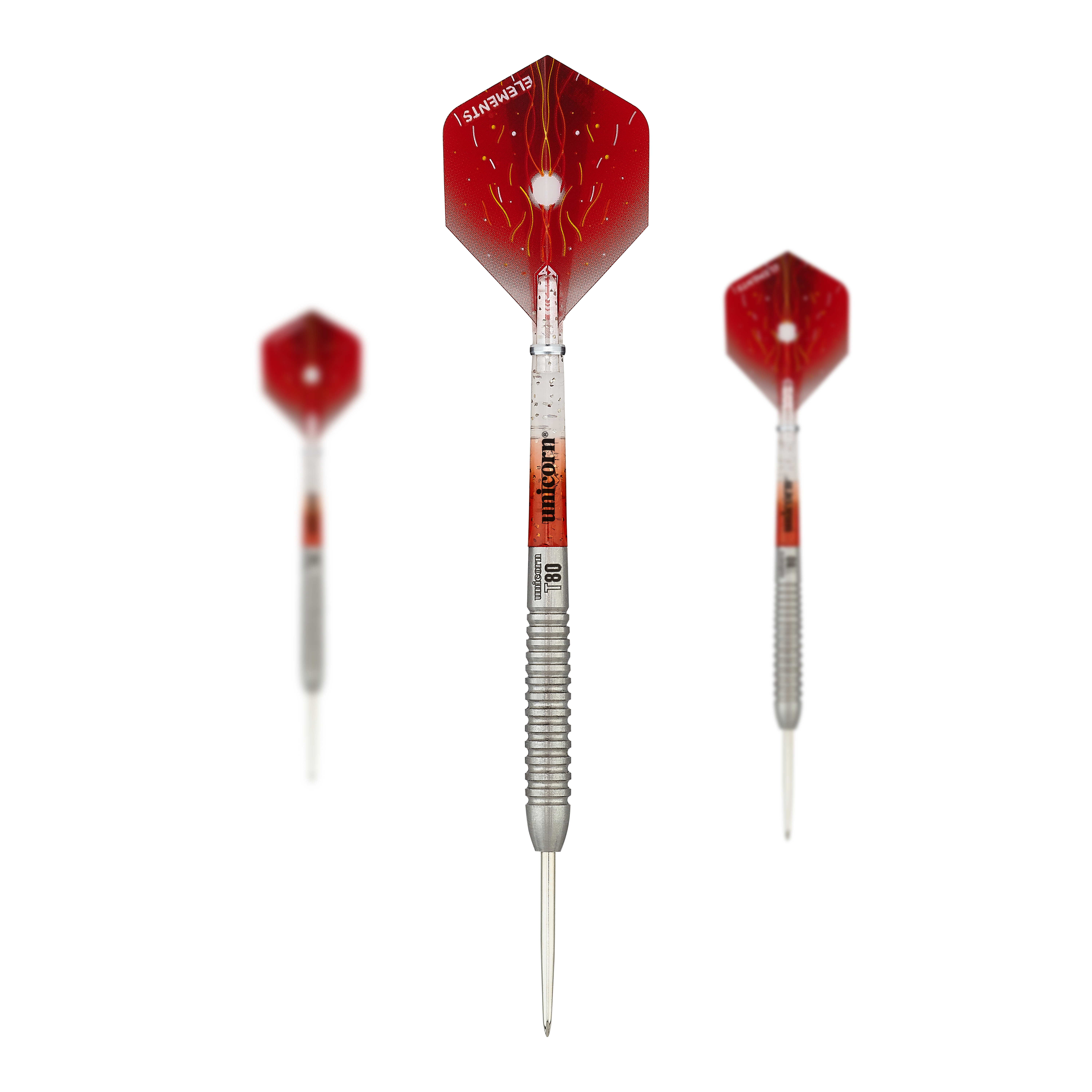 Das Bild zeigt drei Steeldarts des Produkts "Unicorn Core XL Striker Style 5". Die Darts haben rote Flights und einen silbernen, geriffelten Schaft.