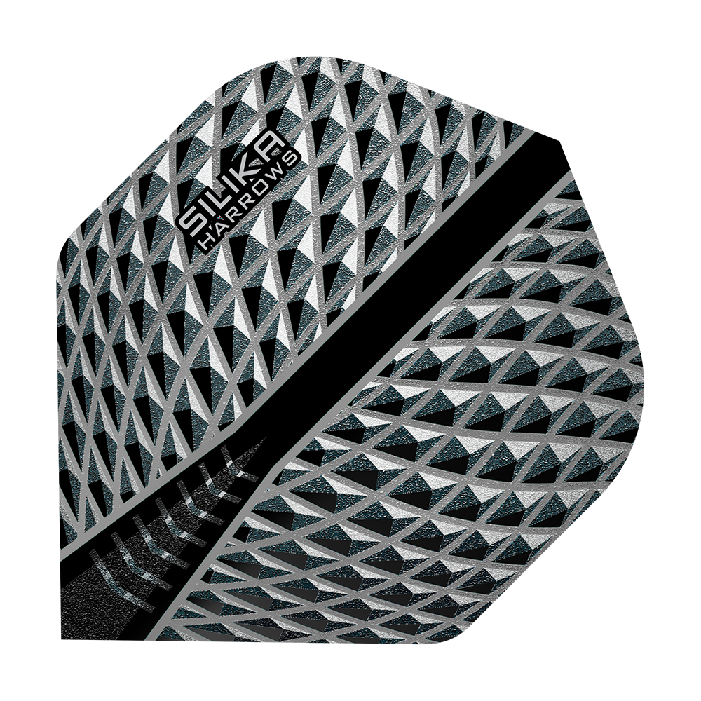 HR85_Harrows_Silika_Smokey_No2_Standard_Flights_1 Das Bild zeigt das Produkt „Harrows Silika Smokey No2 Standard Flights“. Es hat ein geometrisches Muster in Schwarz, Silber und Grau mit dem Markennamen in der Ecke.