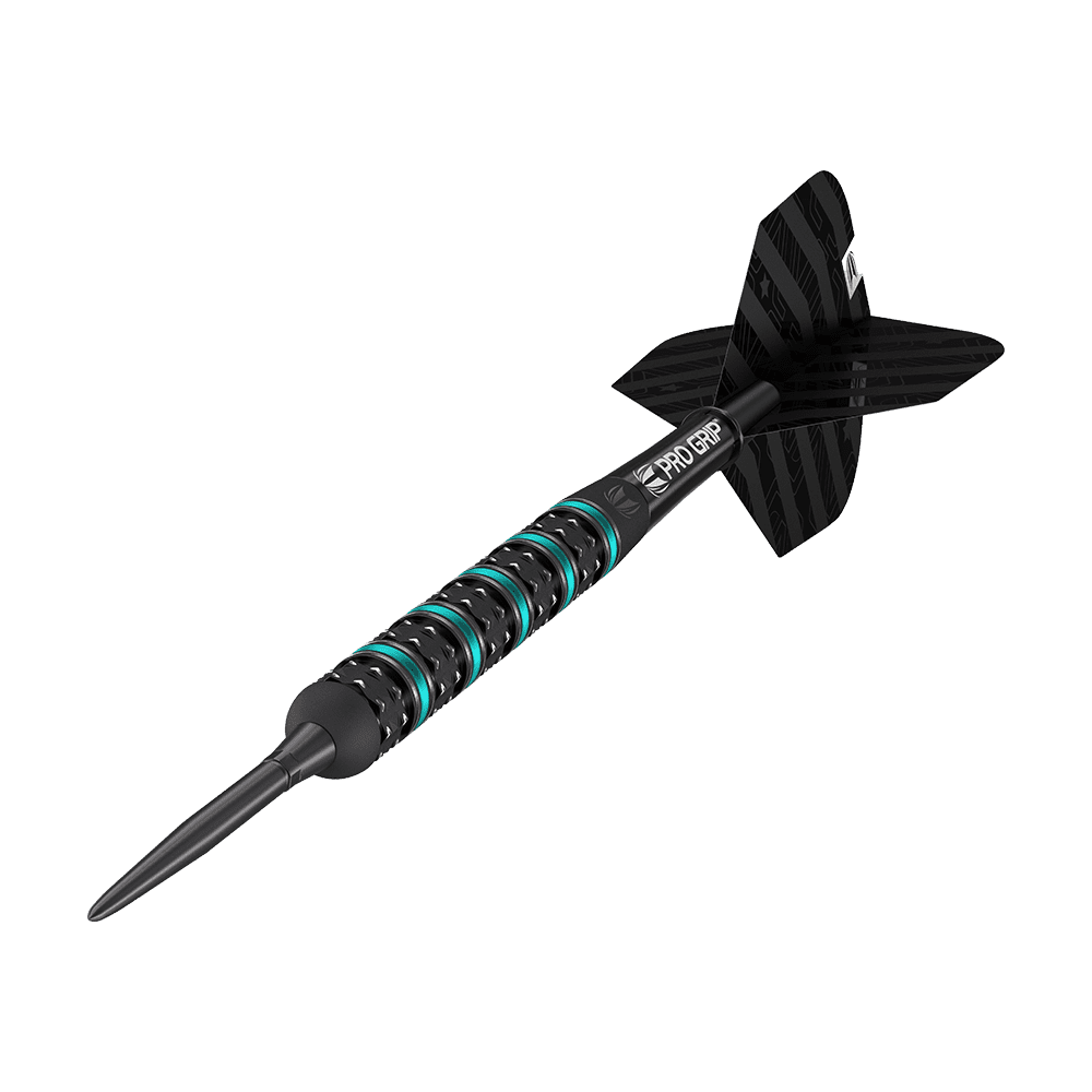 190209_Target_Rob_Cross_Black_Edition_2023_Swiss_Point_Steeldarts_4 Das Bild zeigt einen Target Rob Cross Black Edition Swiss Point Steeldart. Der Dart ist schwarz mit blauen Akzenten und hat eine strukturierte Griffzone für besseren Halt.