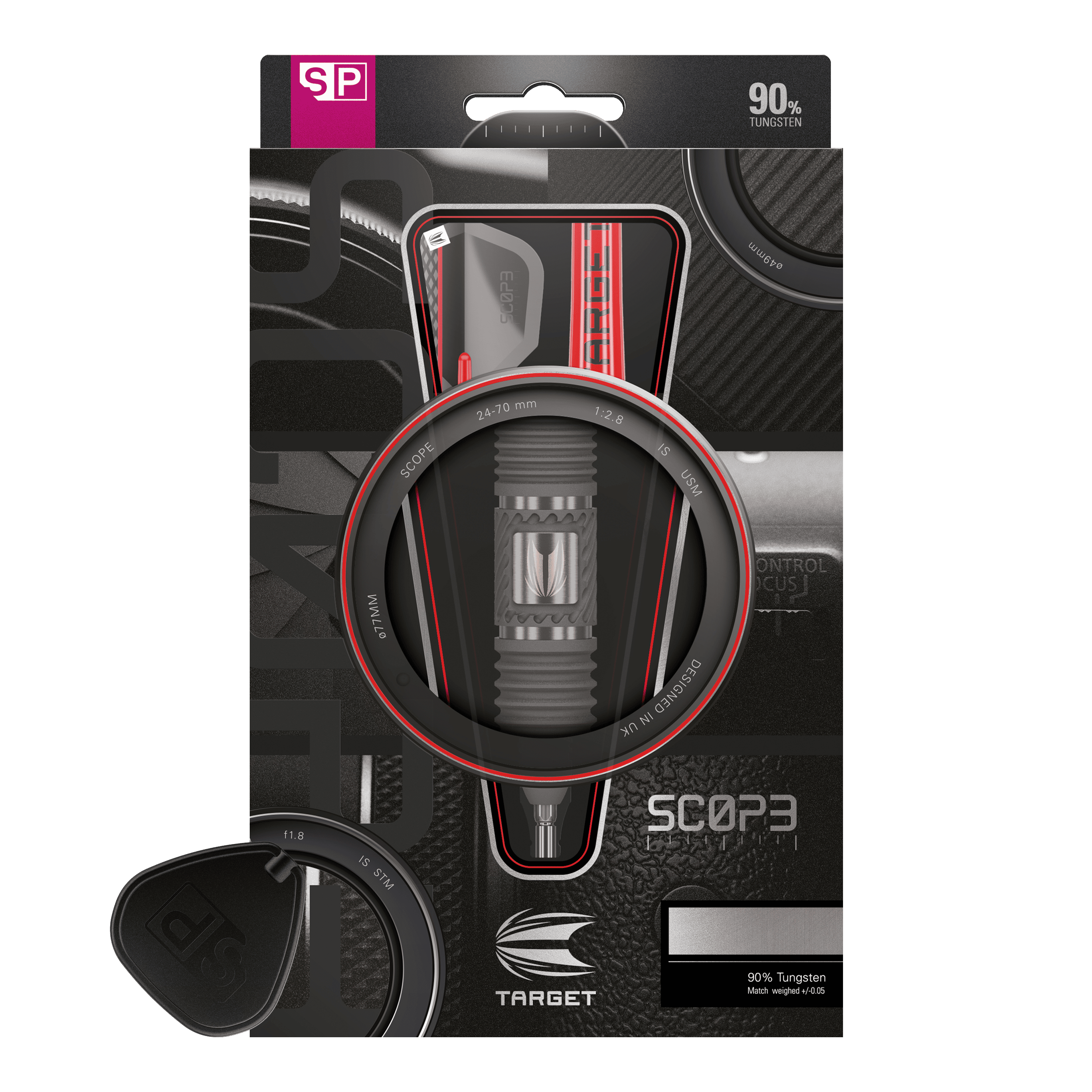 Auf dem Bild ist eine Verpackung für Steeldarts der Marke Target zu sehen. Die Verpackung hebt hervor, dass die Darts aus 90% Tungsten bestehen und das Modell den Namen "Scope" trägt.