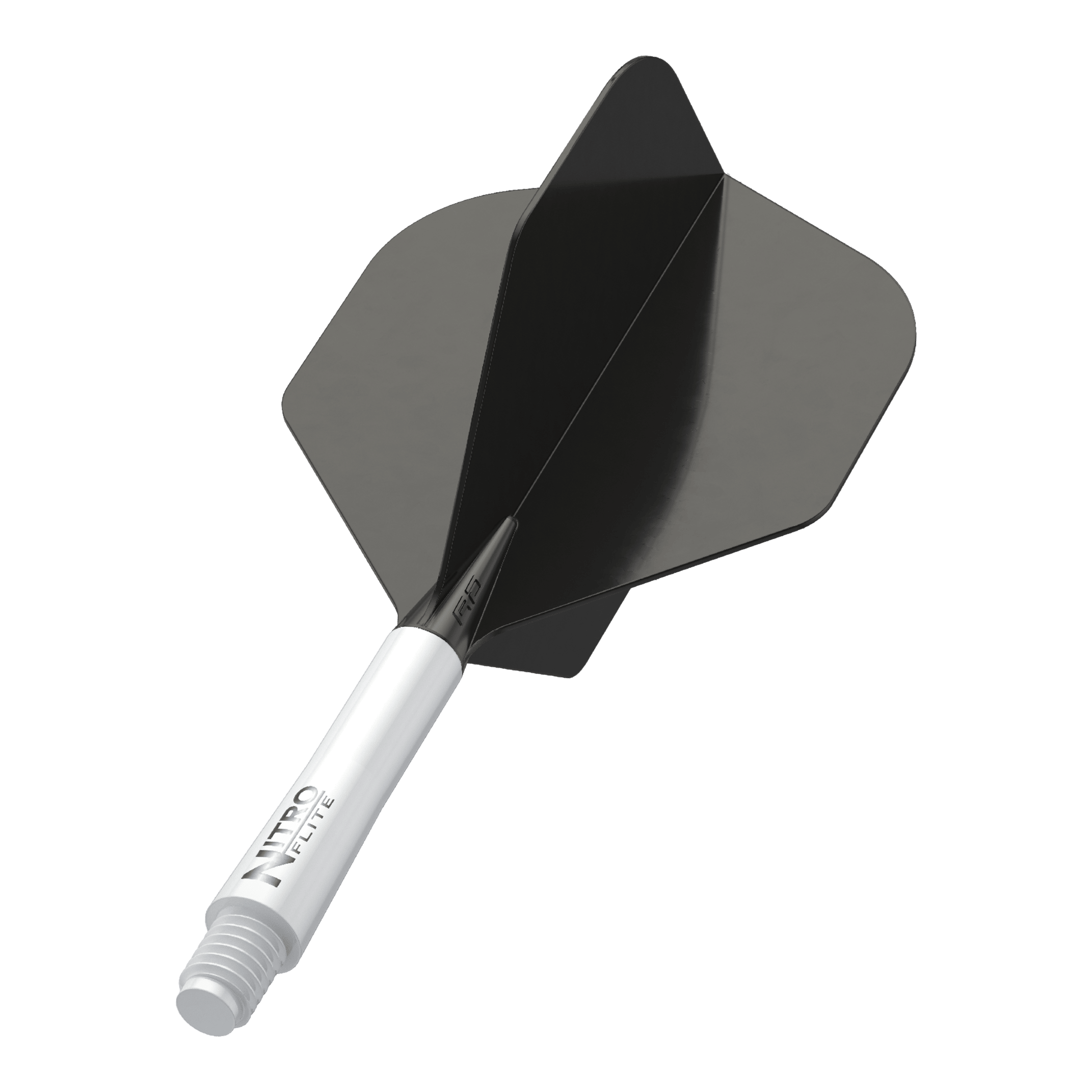 Red Dragon Nitroflite - White Shaft Black No2 Flights Dies ist ein Bild einer Dart-Flugfeder mit schwarzem Flight und weißem Schaft. Auf dem Schaft steht der Text "NITRO FLITE".