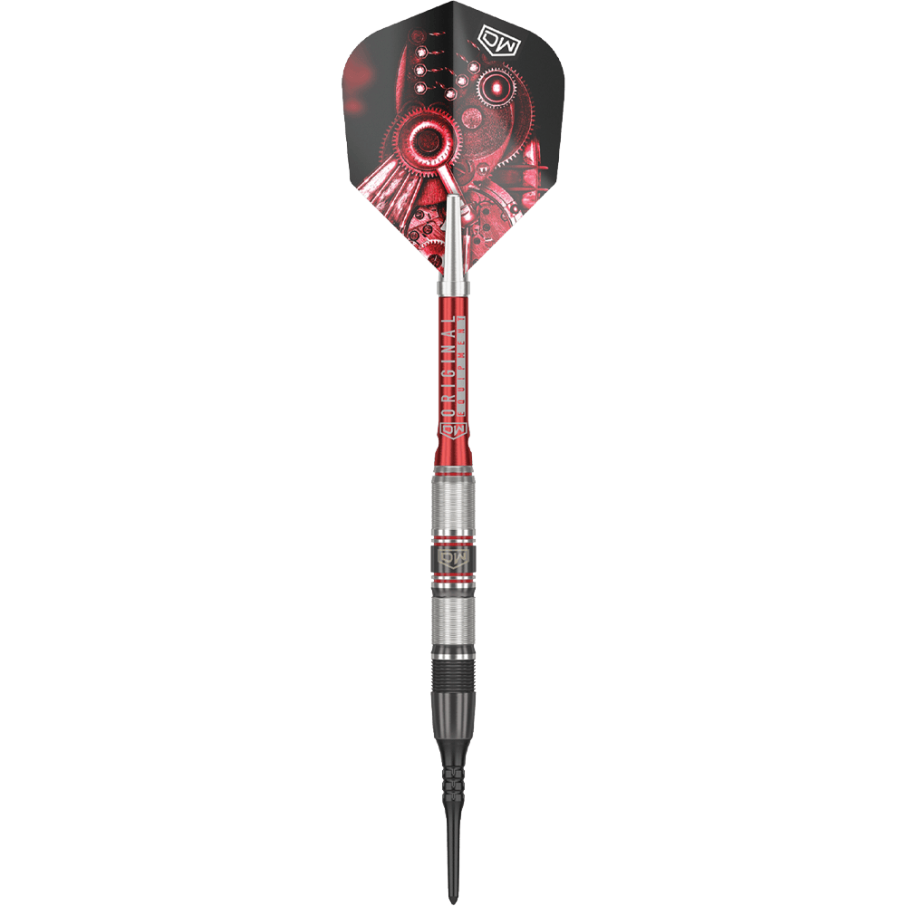 DW Piranha Razor 02 Softdarts Das Bild zeigt den Softdart "DW Piranha Razor 02". Der Dart hat ein silber-rotes Barrel und auffällige Flights mit einem Zahnrad-Design.