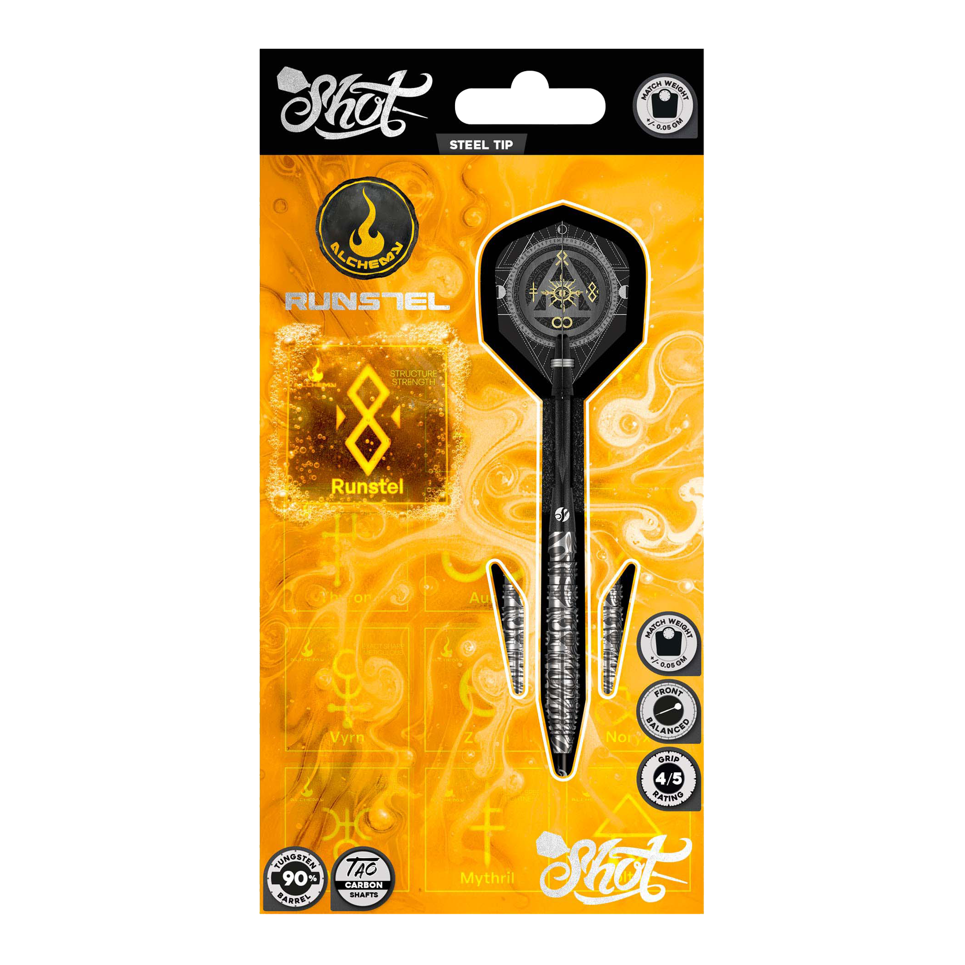 Shot Alchemy Runstel Steel Darts Das Bild zeigt die Shot Alchemy Runstel Steeldarts. Dieses Produkt sind hochwertige Steeldarts für Dartspieler.