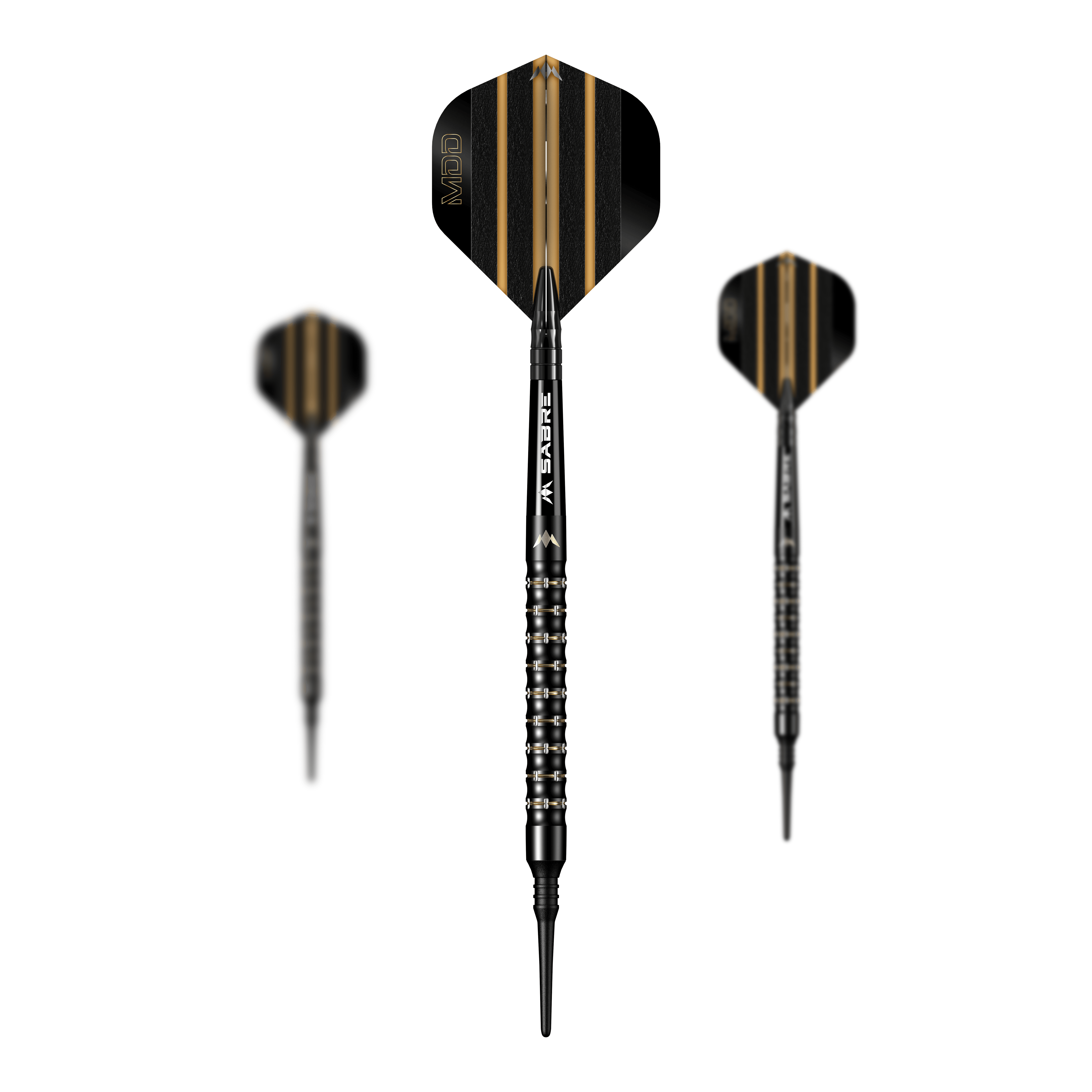 Mission Mike De Decker MDD Black Gold Soft Darts - 20g Das Bild zeigt drei Softdarts des Modells „Mission Mike De Decker MDD Black Gold“ mit einem Gewicht von 20g. Die Darts sind schwarz mit goldenen Streifen auf den Flights und haben ein modernes, edles Design.